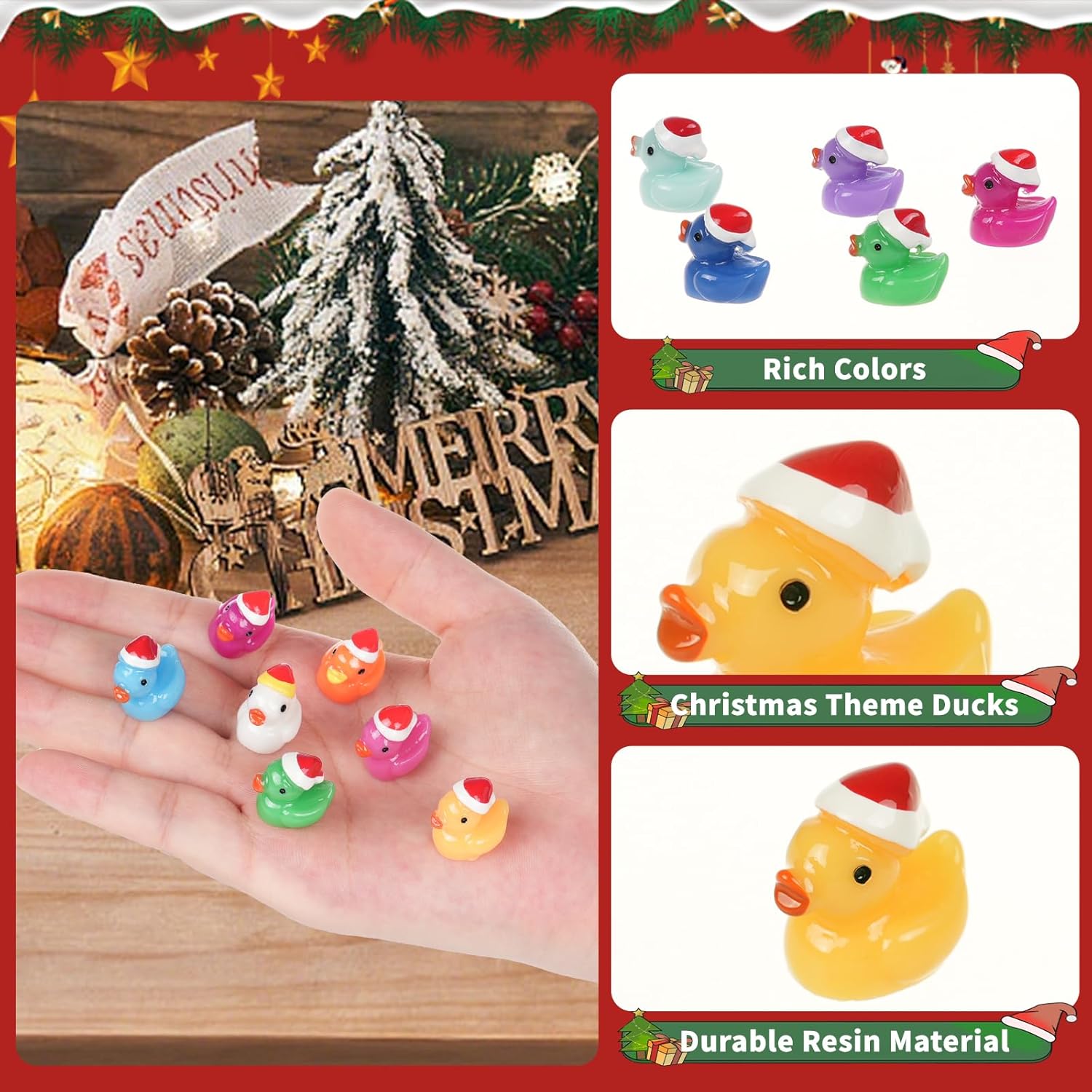 BeadRiver 160 PCS Tiny Christmas Ducks 16 Colors Little Mini Resin Ducks Christmas Hat Miniature Ornaments for Slime Dollhouse Fairy Garden Decoration