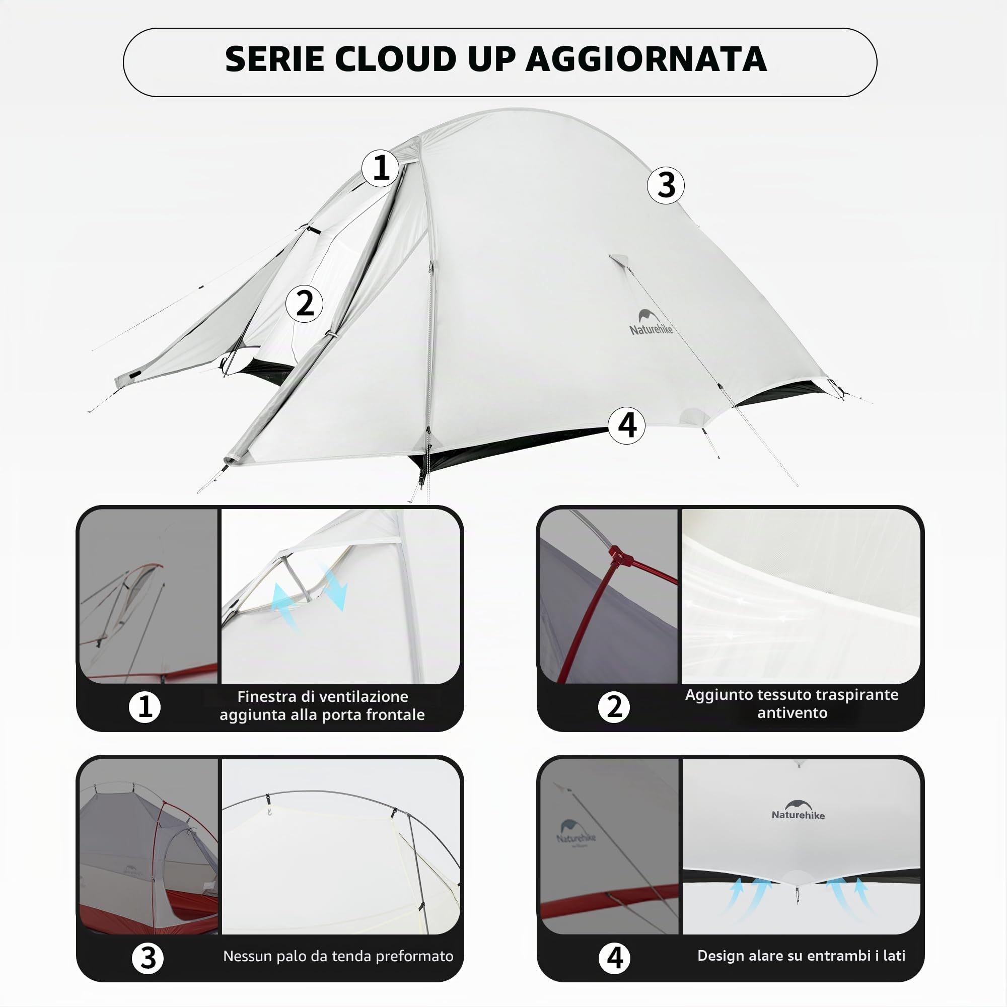 Naturehike Cloud Up UL Tenda da Campeggio 1/2 Persone Tenda da Zaino Compatta Ultraleggera a Doppio Strato Impermeabile e Antivento per Escursioni All'aperto Festival