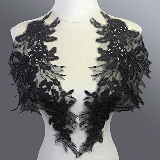Floral Lace Applique with Sequins - Luxury Embroidered Lace Appliques Trim for Wedding Dresses,Bridal Gowns,DIY Costumes(1 Pair/Pure Black)