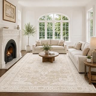 10x12 Area Rugs Washable Large Vintage Rug for Living Room Bedroom | Beige Farmhouse Boho Floral Neutral Washable Stain Resistant Indoor Carpet for Bedroom Office and Home Decor