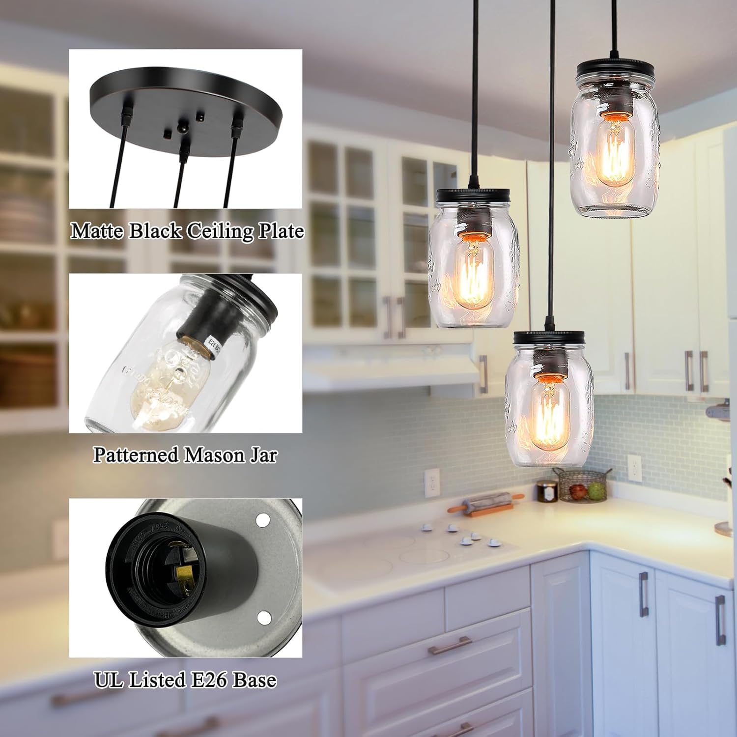 Mason Jar Light Fixtures, 3-Light Black Pendant Lights Kitchen Island, Farmhouse Kitchen Pendant Lights, Adjustable Island Pendant Lights for Kitchen Over Sink Dining Room