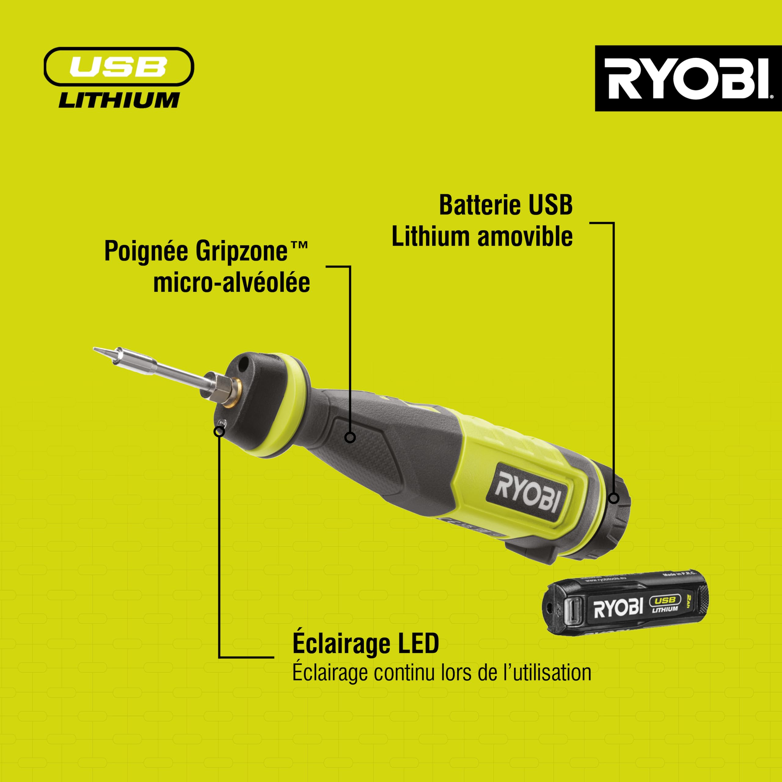 RYOBI - Fer à souder - 4V USB Lithium - RSI4-120G - Électronique, réparation, chauffe rapide, sans fil - 1 Batterie 2,0 Ah