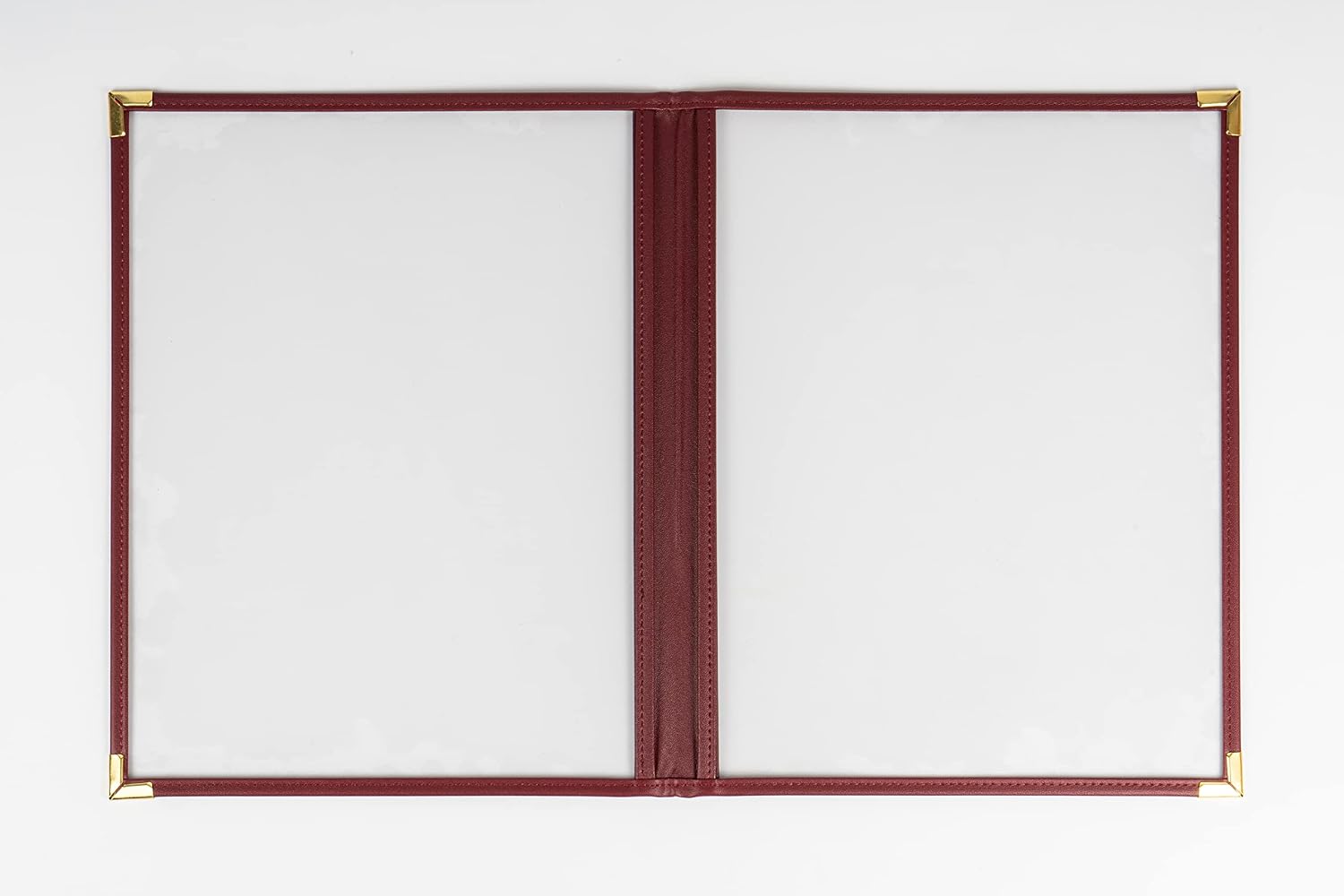 Menu Covers/Booklet, Double Pages, 2 Pockets, 4 View, for 8.5" x 11" Letter Size Paper, Pack of 6, Burgundy Edging + Gold Metal Corner, Made with Leatherette & Vinyl | 2 Pockets, 4 View, Burgundy Edging + Gold Metal Corner, Made with Leatherette & Vinyl