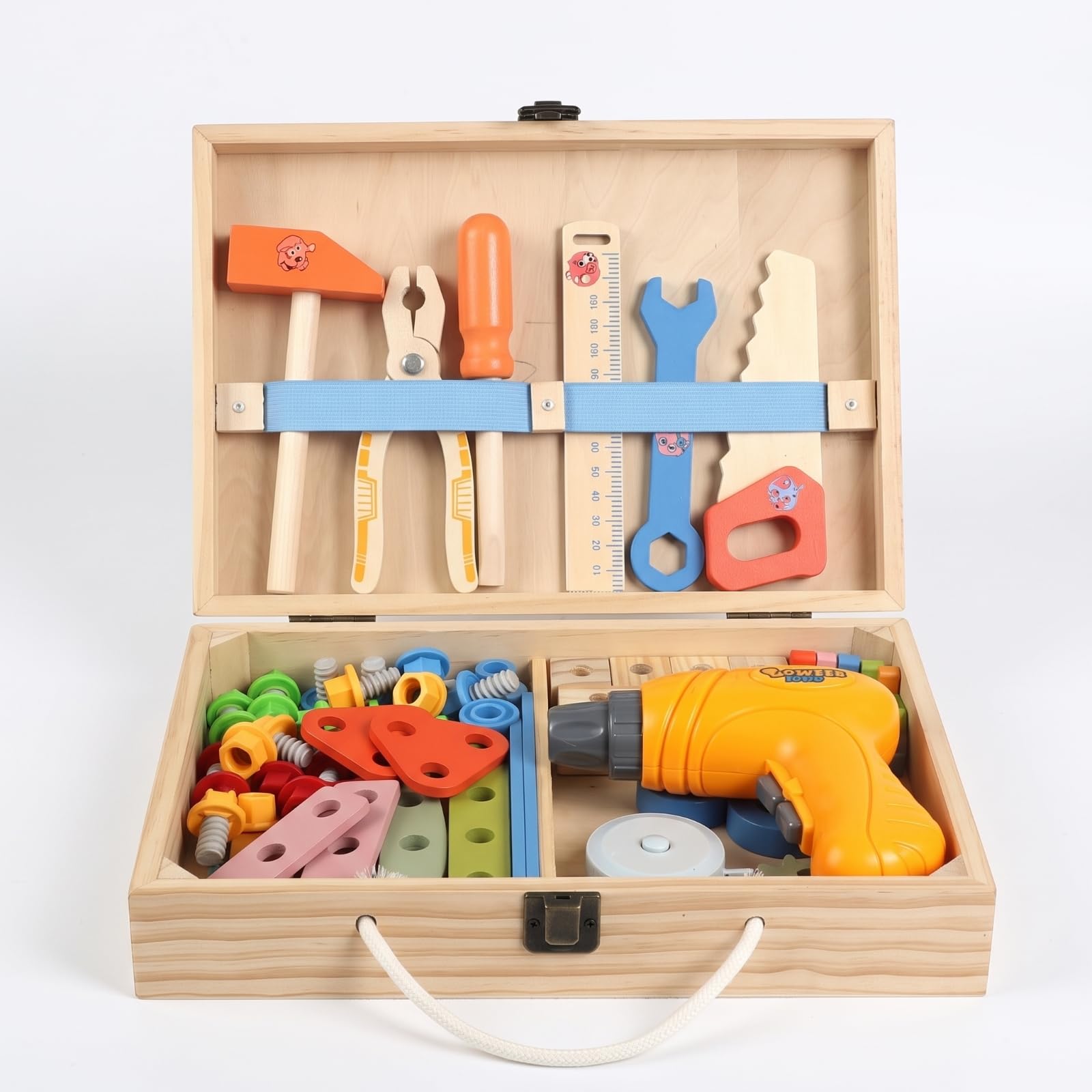 rockible Cassetta Degli Attrezzi per Bambini Kit Costruzione Ingranaggi Dadi Bulloni Martello Avvitatore Giocattolo in Legno E Plastica con Scomparti Ordinati