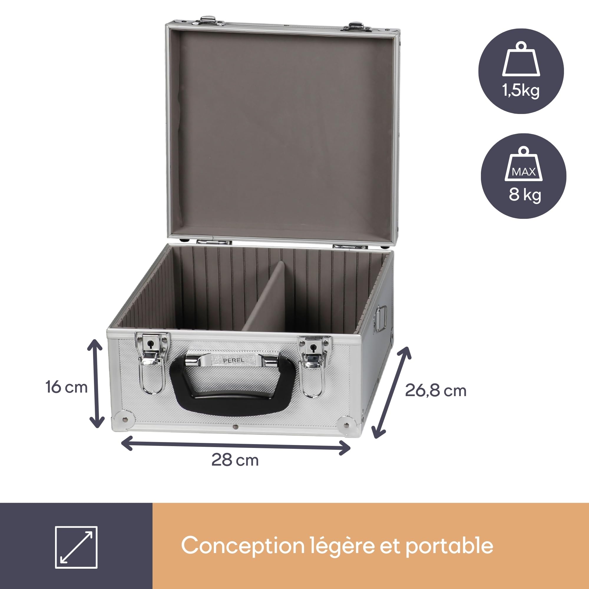Perel Coffret pour 40 CD, verrouillage à clé, 2 clés, aluminium, 280 x 268 x 160 mm