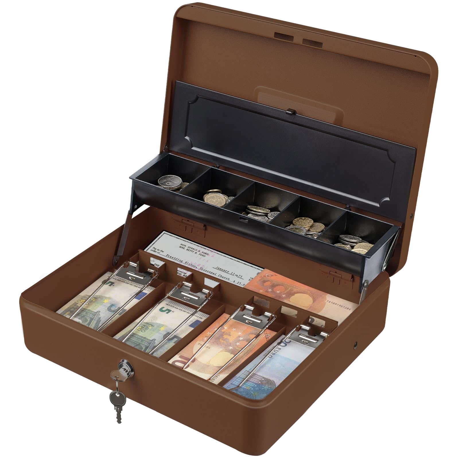 Tera Tiroir Caisse Enregistreuse à Monnaie et Billets Ouverture Manuelle et Automatique, 4 Compartiments de Billets et 5 de Pièces,30 x 24 cm, POS Restaurant Supermarché, KL380-CF