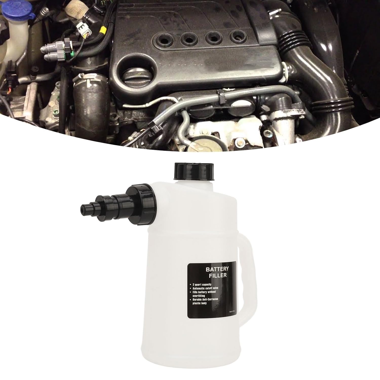 2 Liter Battery Filler Car Battery Liquid Filling Jug Auto Shutoff Valve Drip with Grooved Side Handle for Cars Trucks RV Carts