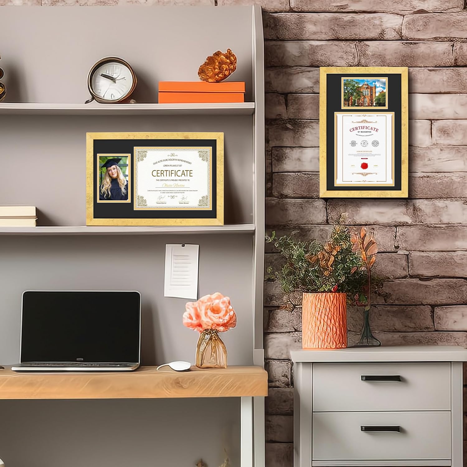 Golden State Art 8x10 Diploma Frame and 4x6 Picture, Solid Wood Certificate Frame with Real Glass Front, Display Diploma 8x10 with Black over Gold Double Mat or 11x17 Document Without Mat (1 Pack)