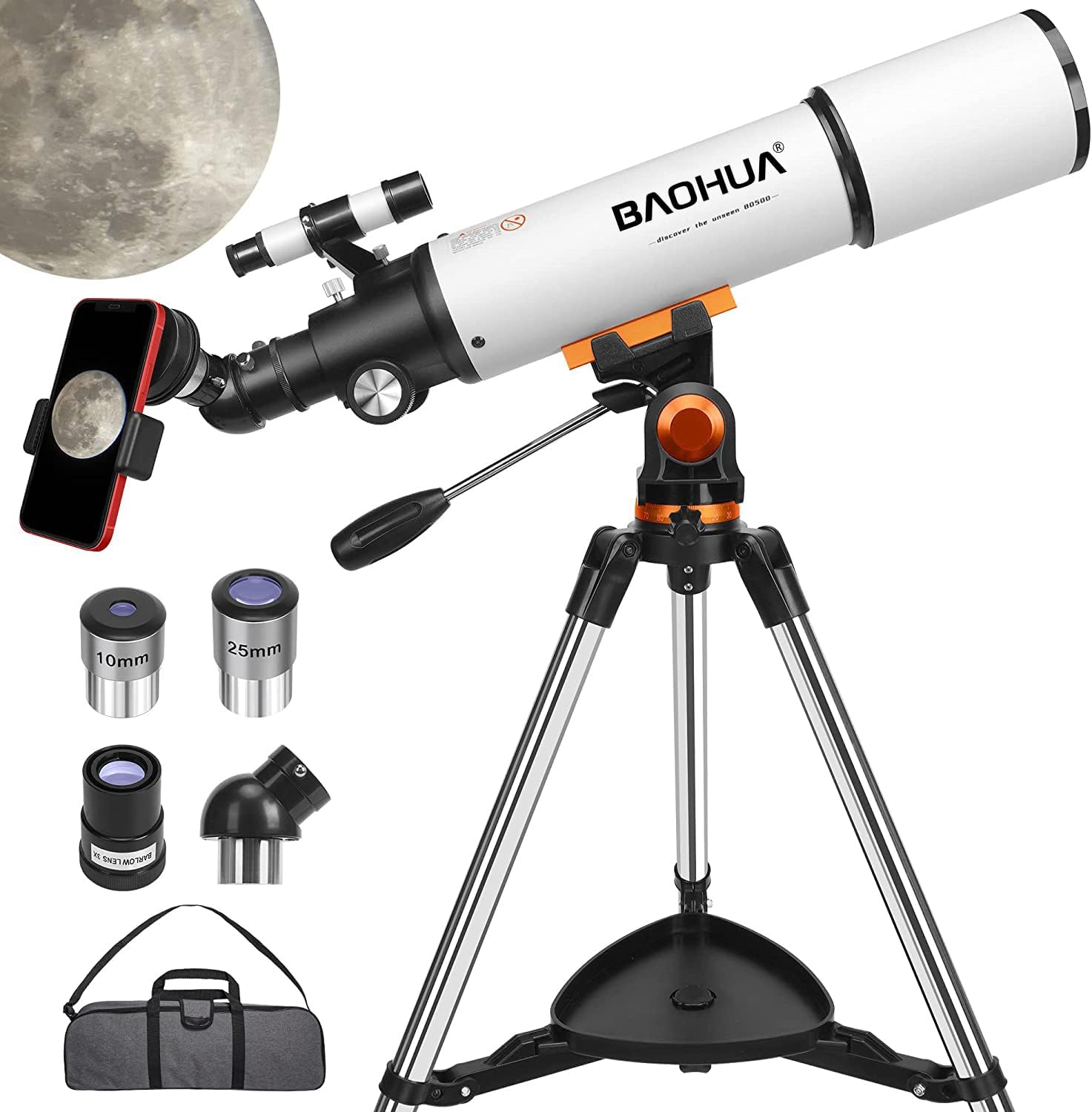 Professional 80mm Refractor Telescope Bundle - High Transmission, White - Telescopio Profesional para Ver Planetas - for Adults and Kids Astronomy - Beginner to Advanced