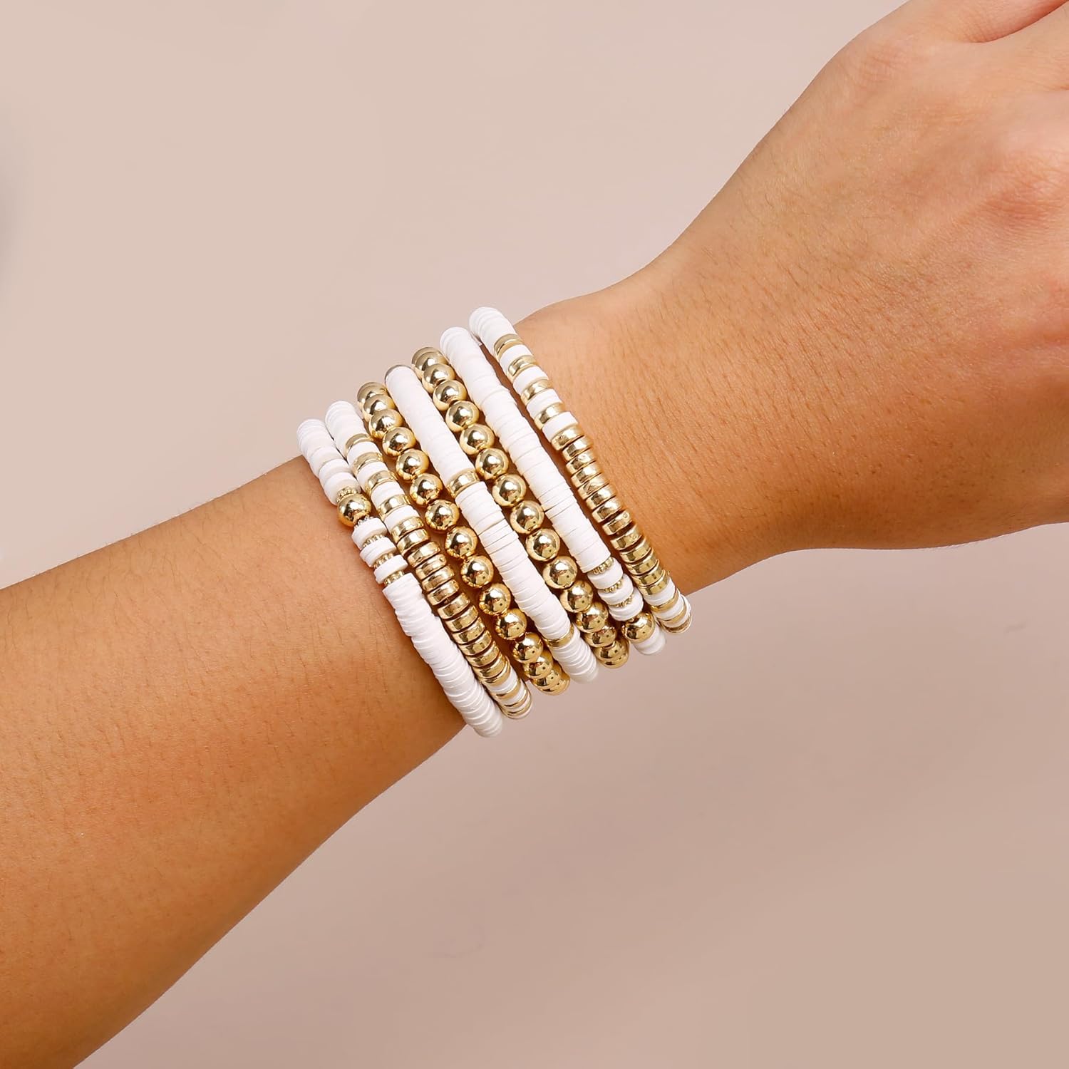 Nojess Stack Beaded Bracelets for Women Heishi Stretch Bracelets 14K Gold Plated Boho Beach Layered Waterproof Bracelet Beach Summer Surfer Bracelet Set Jewelry - Image 2