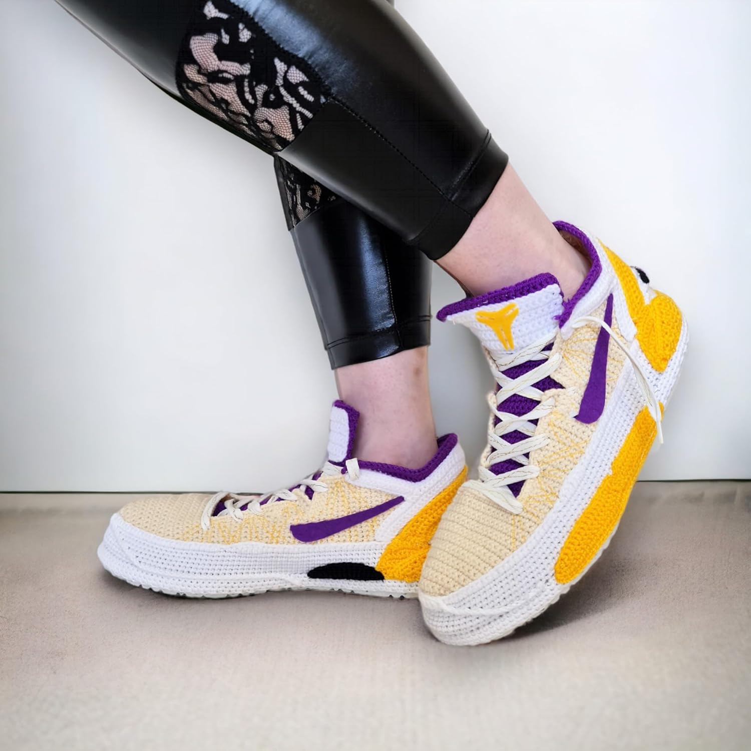 Handmade Rainbow Crochet Kobe-Style Basketball Slippers, Los Angeles Yellow Purple Unisex Low-Top House Shoes, Cozy Wool Plush Sneaker Booties, Custom Streetwear Gift