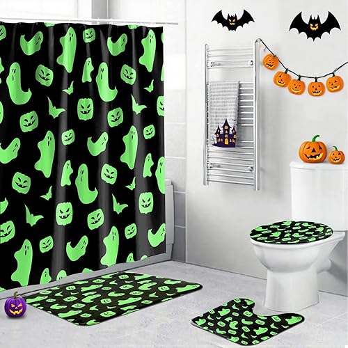Miniatura 31 de Juego de 4 cortinas de ducha de Halloween, juego de baño de Halloween con cortina de ducha y alfombras, cubierta de tapa de inodoro, cortina de