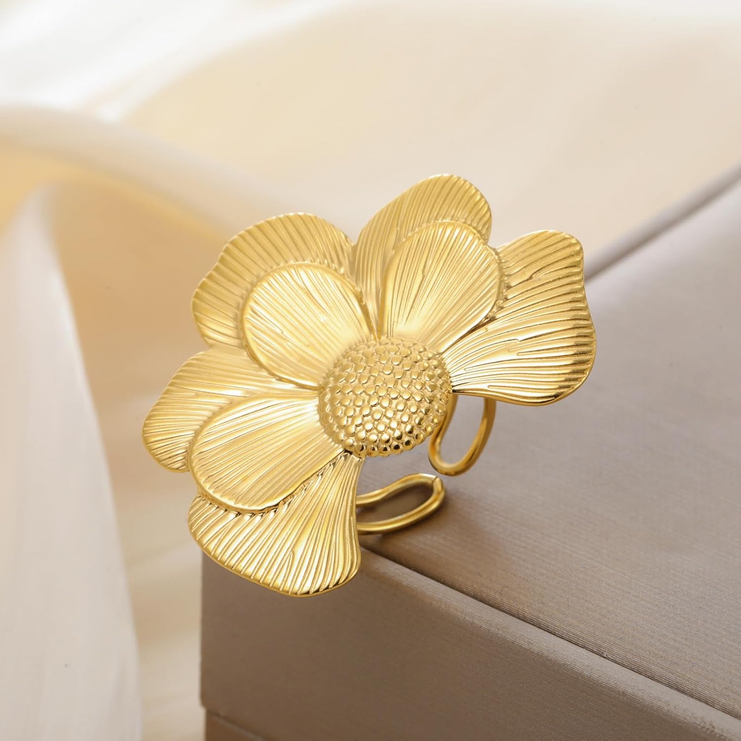 OIDIMS Elegant Camellia Flower Statement Ring for Women Adjustable Gold-Tone Plated Stainless Steel Open Wrap Band Stackable Wedding Engagement Anniversary Promise Ring Fashion Cocktail Party Jewelry - Image 3