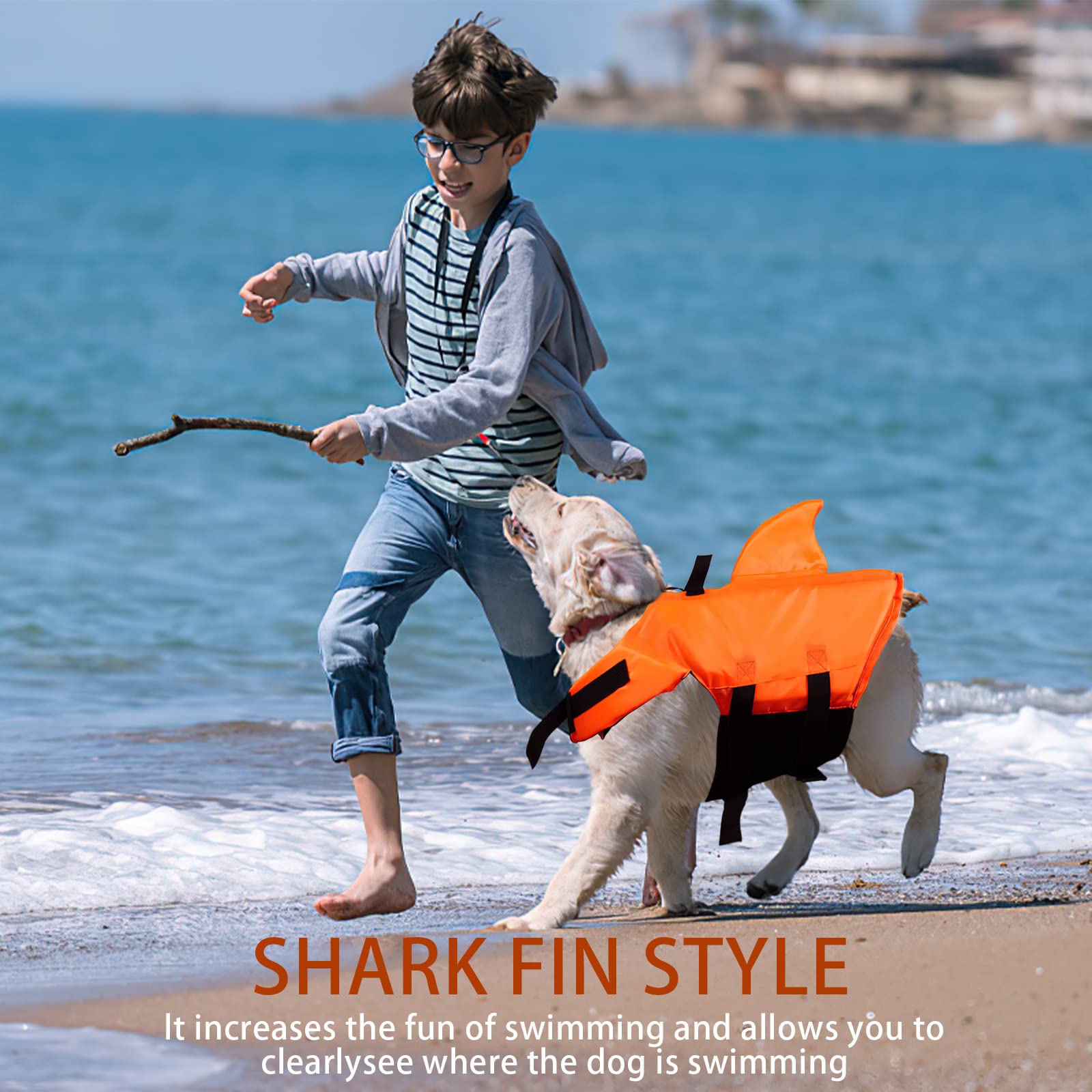 Chaleco Tiburon Perro, Darryy Chaleco Salvavidas para Perro Tiburon, Mascotas Chalecos Perros Pequeño Salvavidas, Traje de Baño para Perros (Naranja, Medium)