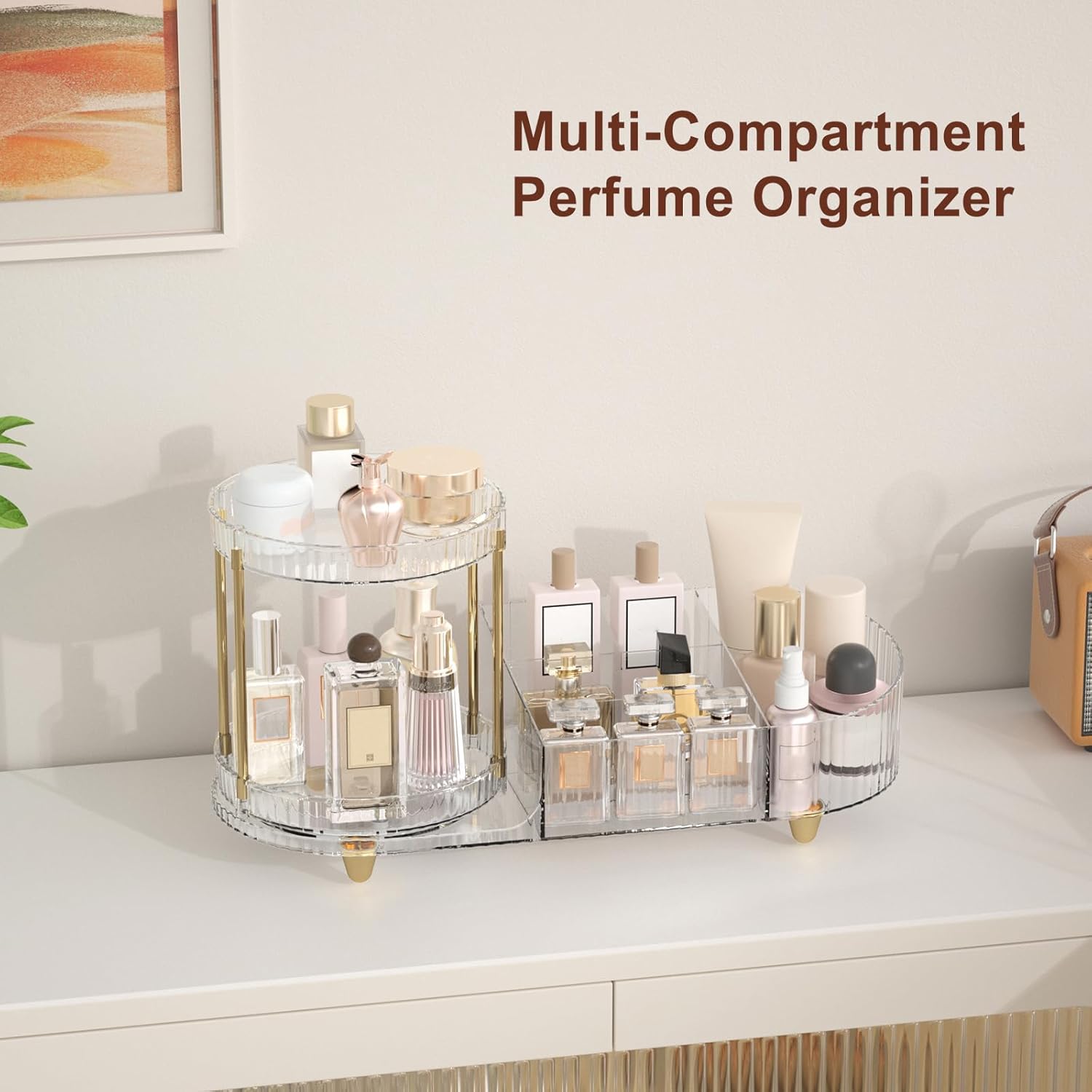 Makeup Organizer Counter for Vanity, Rotating Perfume Tray -partment