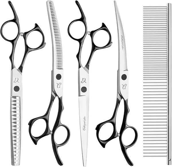CITYWISH Dog Grooming Scissors,Curved Thinning Scissers and Chunker Shears for Dog Grooming with Safety Round Tips, Sharp and Comfortable 5 in 1 Deg Scissors for Grooming