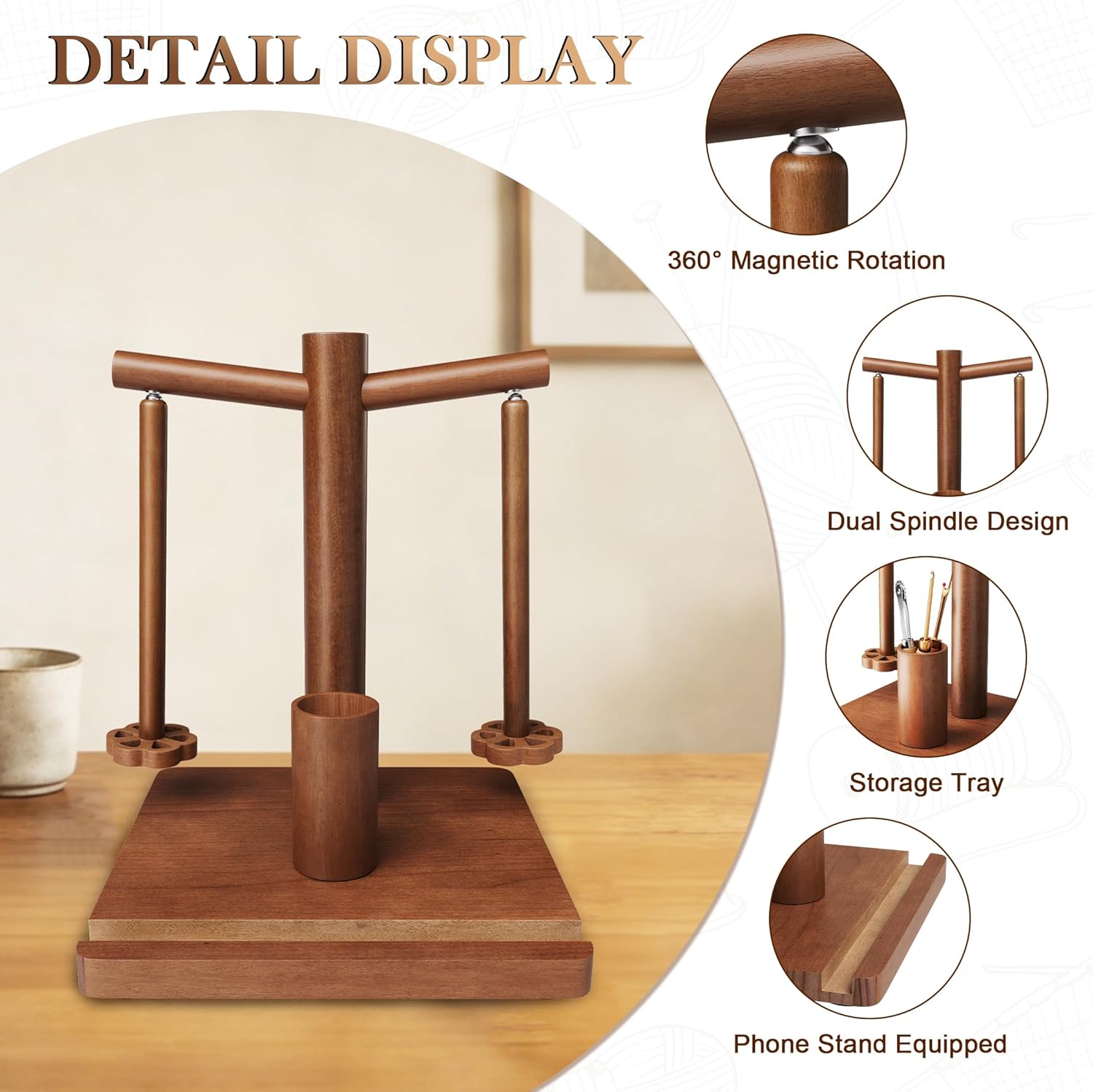Yarn Holder for Crocheting and Knitting with Phone Stand, Wooden Double Spindles Yarn Holder, Upgraded 360° Magnetic Rotating Yarn Spinner, Crochet Gift for Knitting Lovers (Walnut)