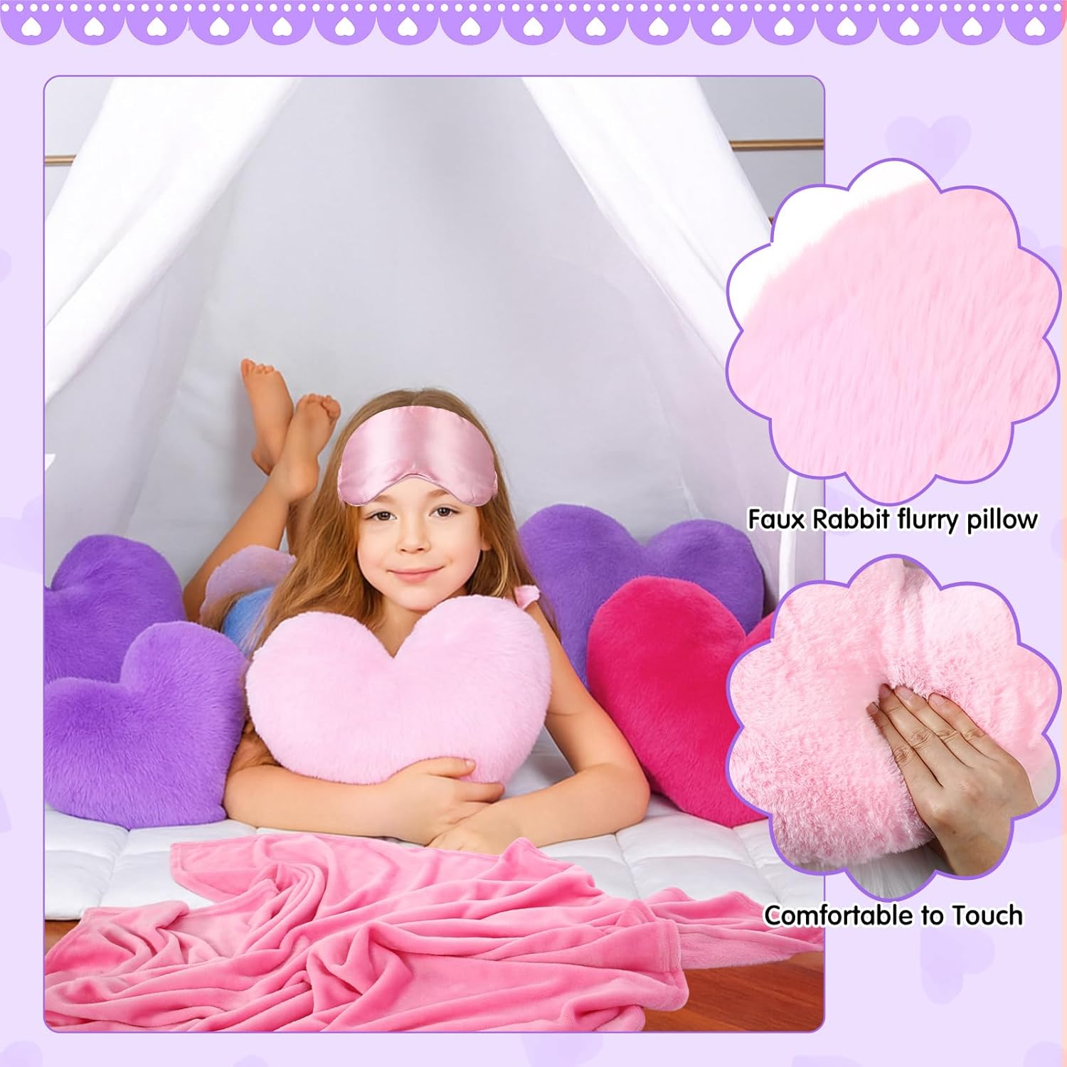 63 Pcs Spa Sleepover Party Supply 9 Fleece Blankets 9 Fluffy Heart Throw Pillows 9 Satin Eye Masks 9 Spa Headband 9 Wristband 9 Plush Scrunchies 9 Gift Bags for Slumber Party (Mixing Color) - Image 7