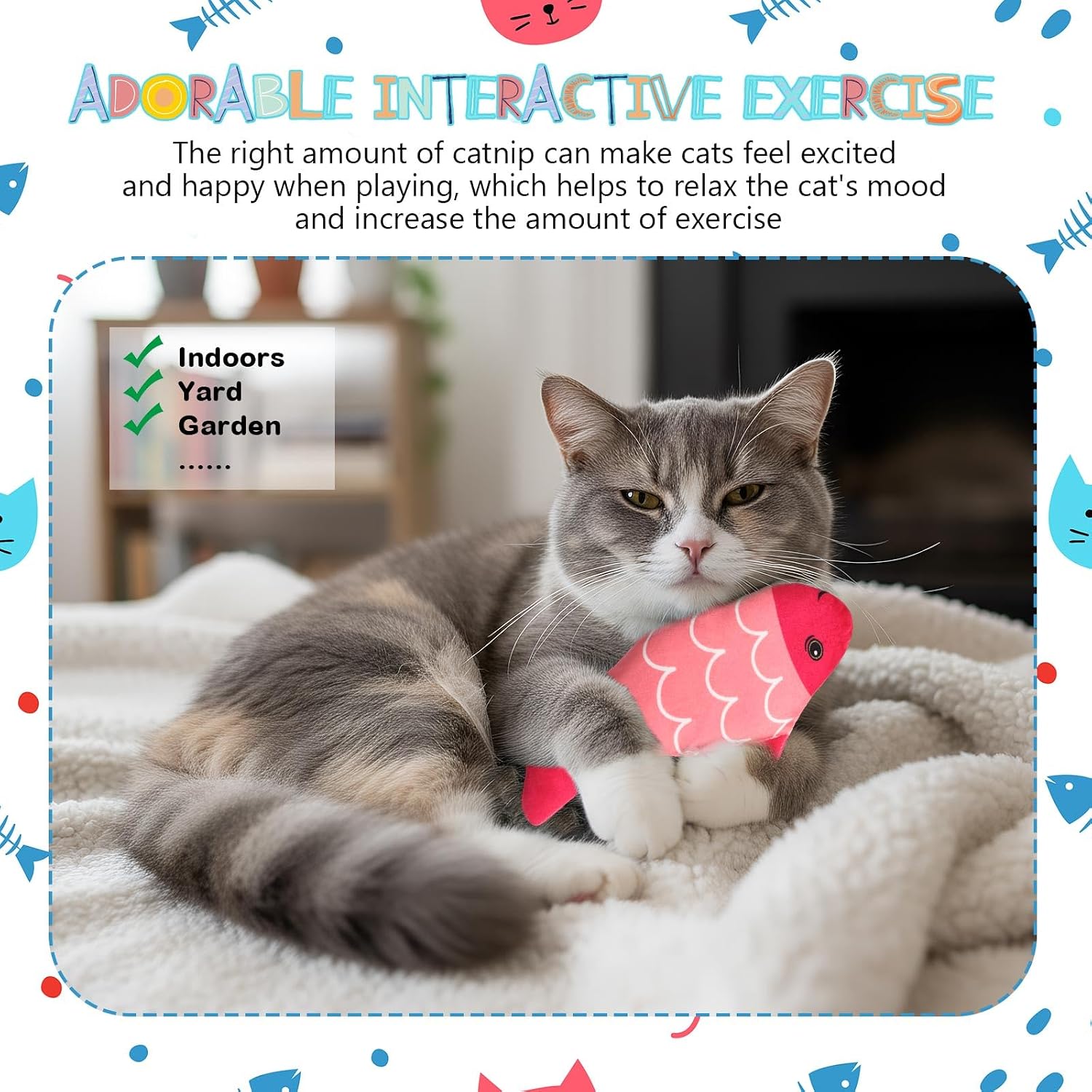 5 Pack Catnip Cat Toys Indoor Interactive Cat Toys Funny Catnip Kitten Chew Gifts Pet Birthday Party Presents (Cartoon Fish Shape)