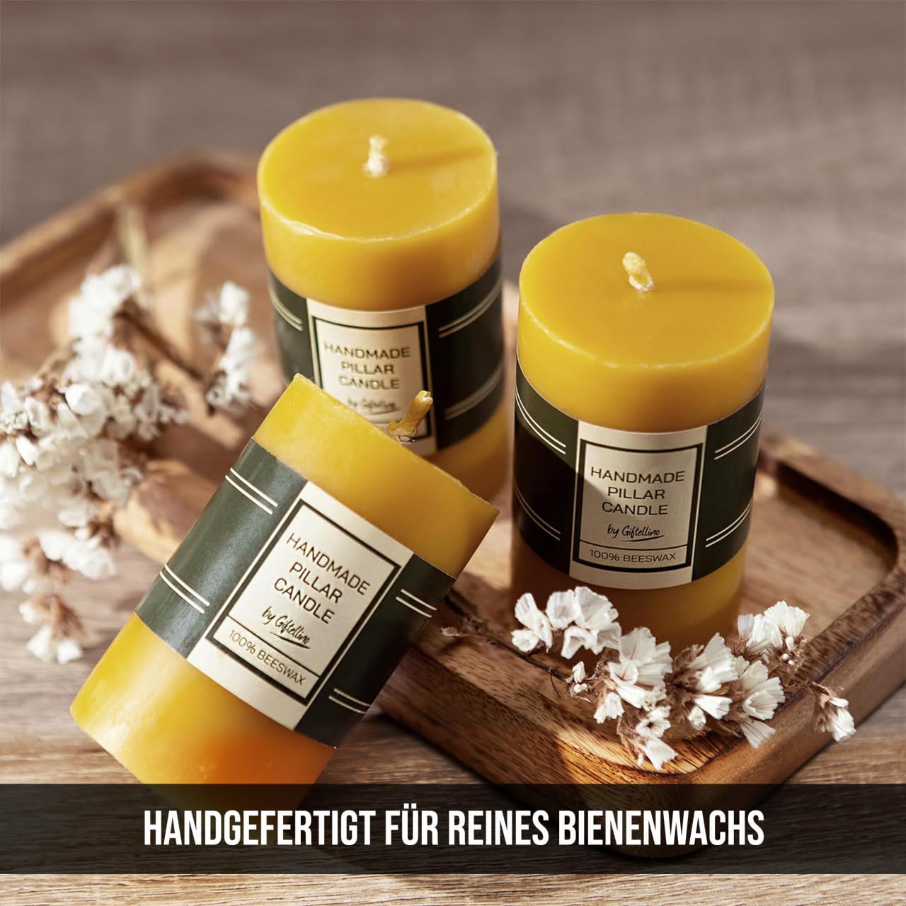 100% Reines Bienenwachs-Säulenkerzenset von 3 Stück - 21 Stunden dauerhafte rauchfreie Säulenkerzen mit Baumwolldocht - Unparfümiertes Kerzenliebhaber-Geschenk - Tropffreie Bienenwachs-Säulen