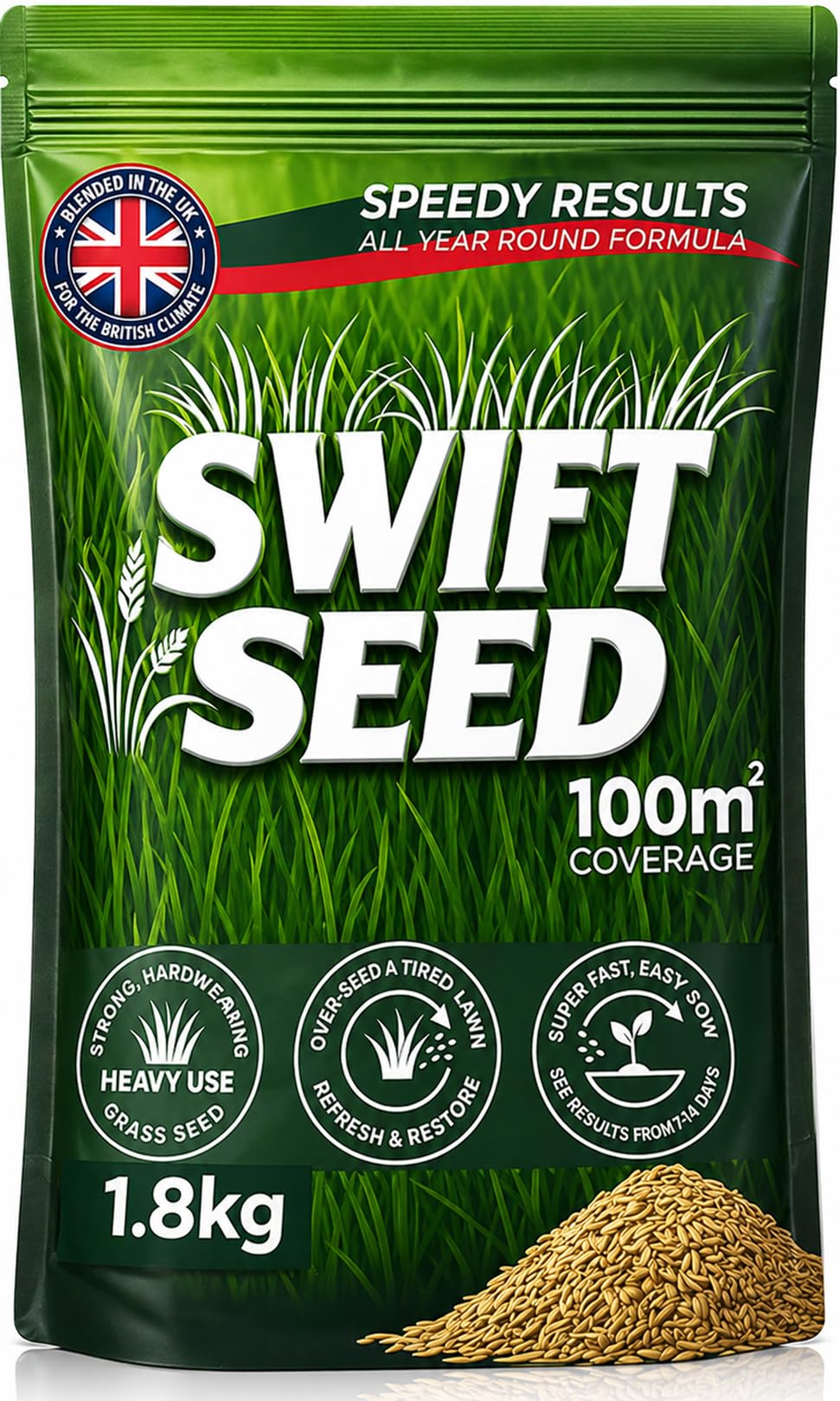 1.8kg Grass Seed by Swift Seed Covers 100m² Premium Fast Growing, Hard-Wearing Lawn Rapid Growing Germinating Lawns, Patch Repair & Overseeding -UK Climate Blend EEC Rule & Standards (All Year, 1.8kg)