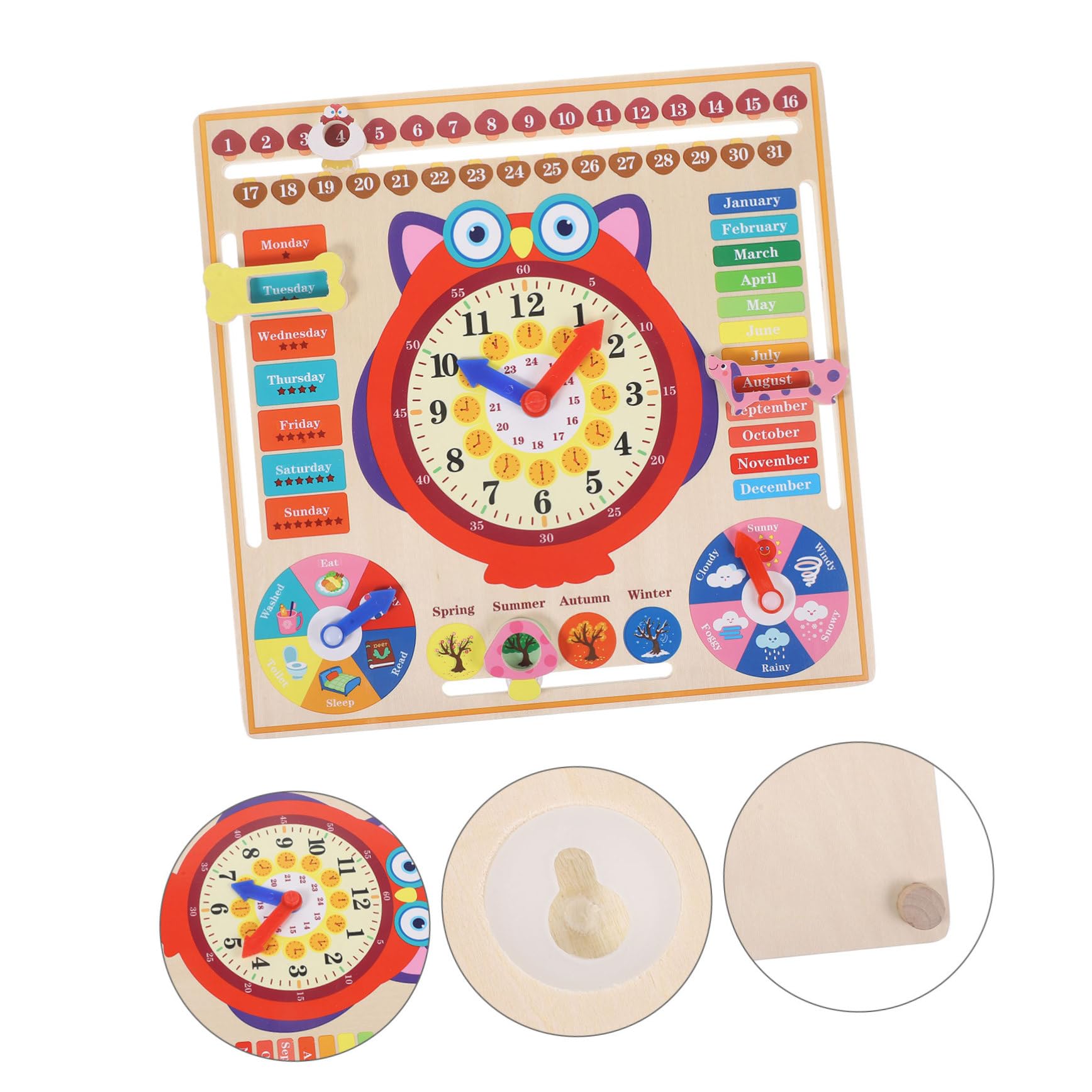 WOONEKY Reloj Didáctico de Madera Forma de Búho Juguete Educativo para Aprender la Hora y Resistente para Herramienta de Enseñanza Práctica para Desarrollo Intelectual