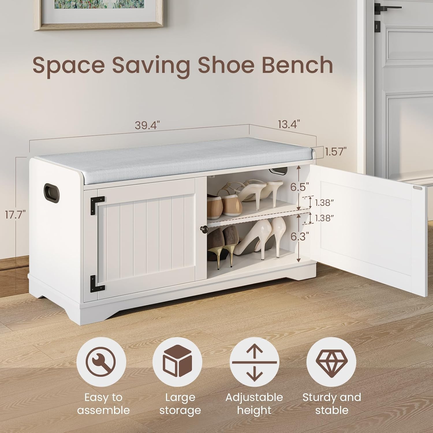 2-Tier Shoe Storage Bench, 39.4" W Shoe Bench with Padded Seat Cushion, Entryway Bench with Handles, 2 Doors, Adjustable Shelf for Living Room, Bedroom, Front Door, Hallway, Closet - White