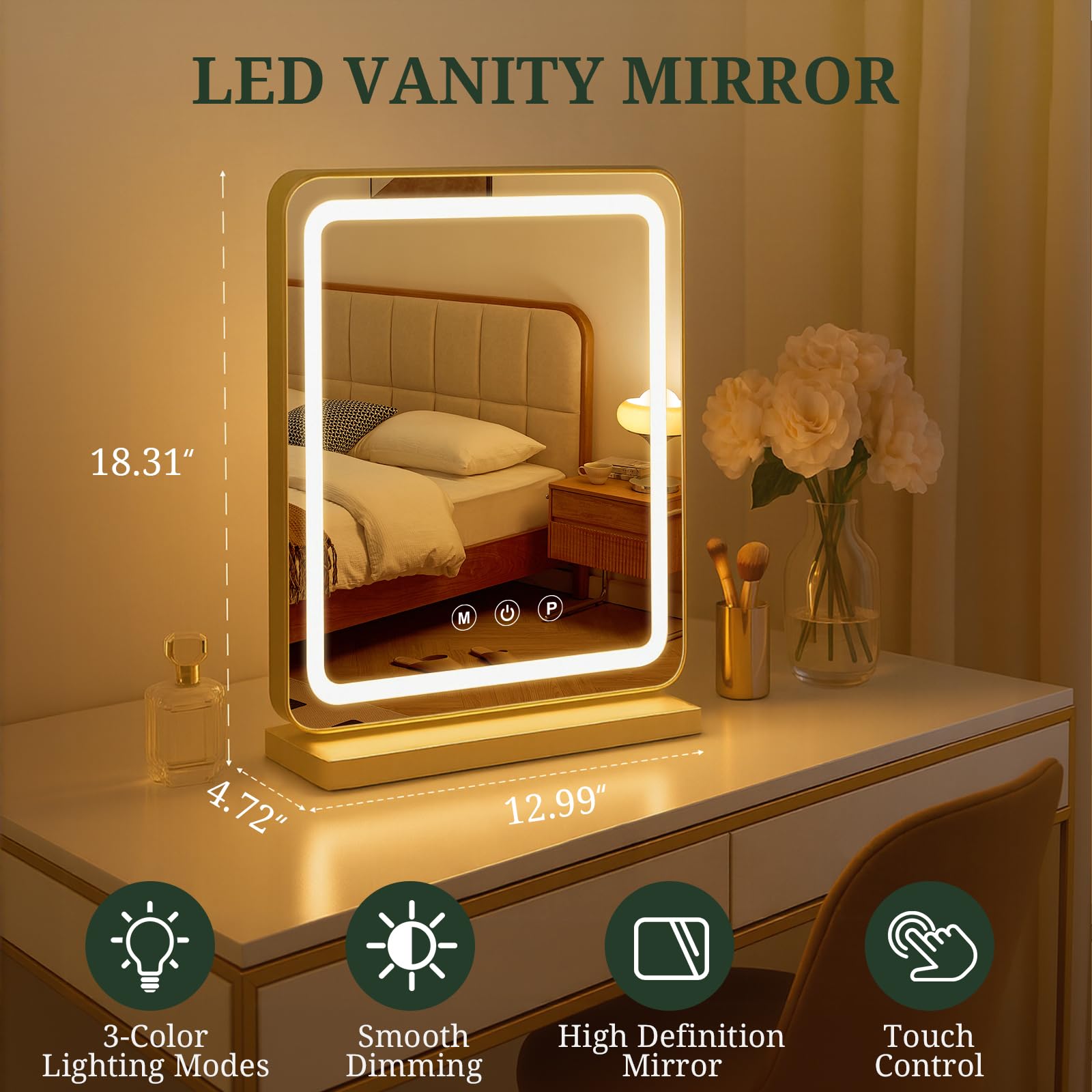 Lusterko do makijażu LED z oświetleniem 33 x 43 cm z funkcją ściemniania, 3 kolory, inteligentne sterowanie dotykowe, funkcja pamięci, podświetlane lustro stołowe do