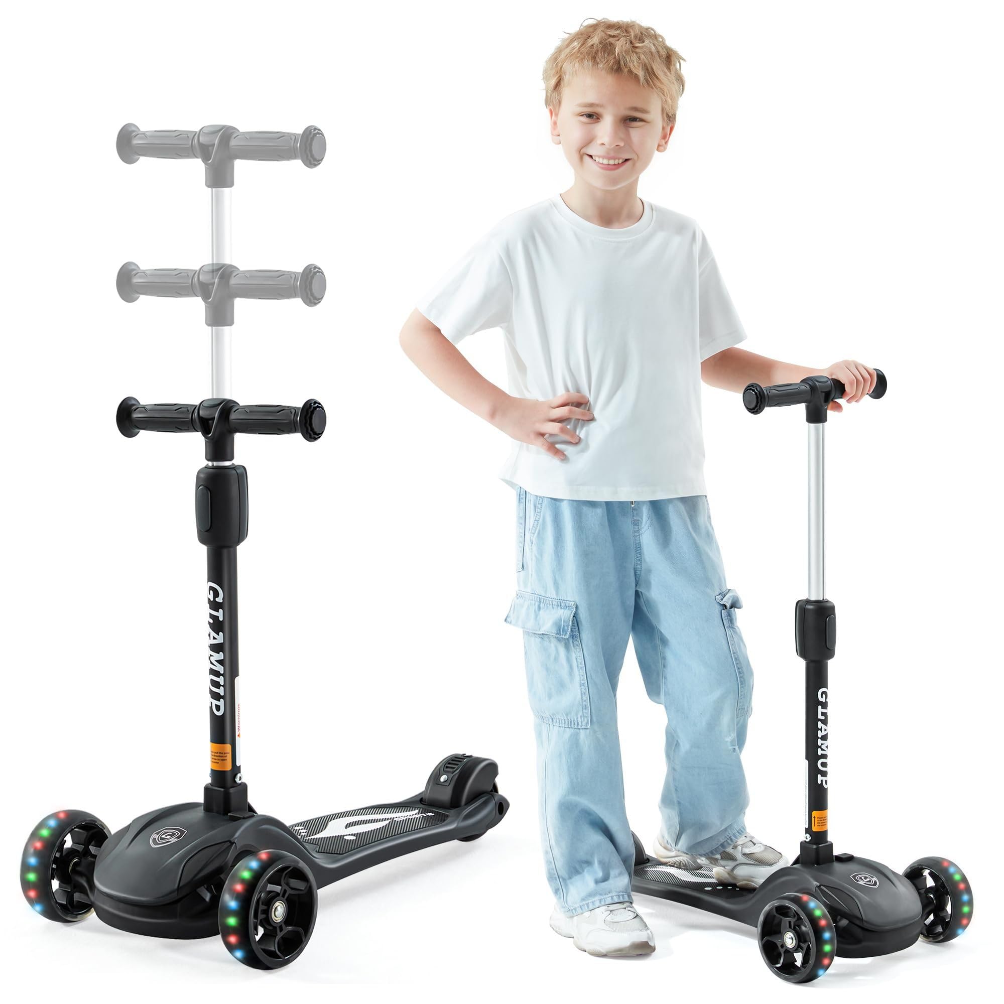 GLAMUP Kids Kick Scooter 3 Wheels, Kids Scooter Height Adjustable Handlebar, Lean-to-Steer System & Easy-Folding Mechanism, Ages 3-14 Boys and Girls?1003-Black?