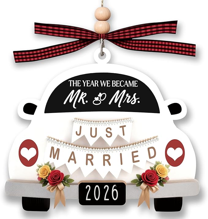 Wedding Gifts for Couples, Newlywed First Christmas Tree Decoration, Mr & Mrs Wood Hanging Ornament 2026, Bridal Shower Gift for Bride and Groom (White)