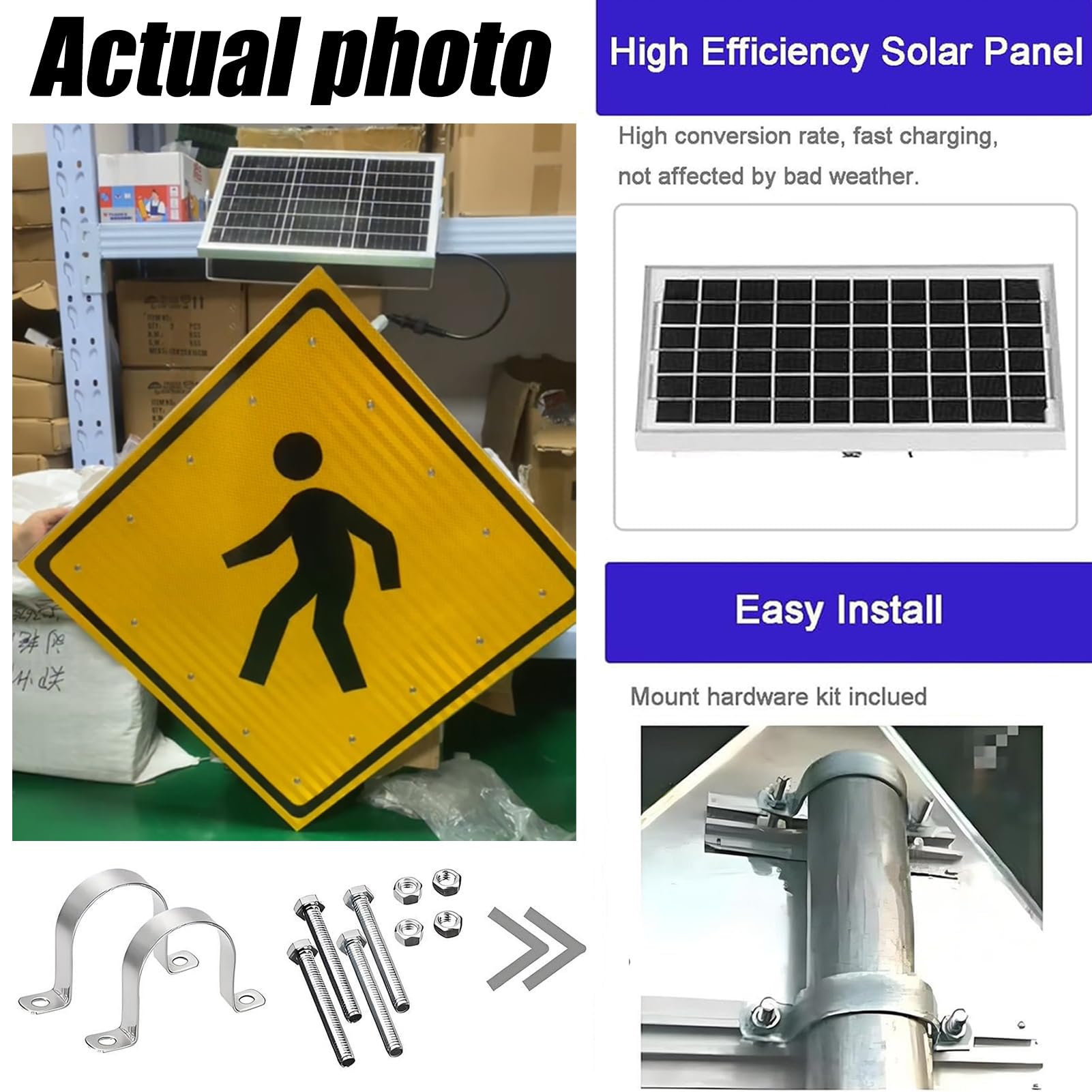 Semáforo LED, señal de Cruce peatonal LED Solar Intermitente - Señal de Advertencia de tráfico para Todo Tipo de Clima de 24"/30" con película Reflectante de Grado de ingeniería y Aluminio d