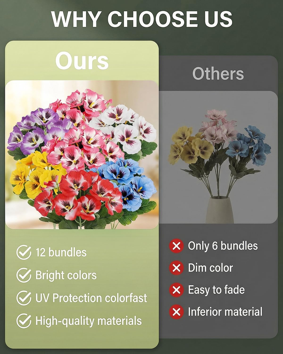 12 Bundles Artificial Flowers Outdoor, 6 Colours UV Resistant Faux Pansy Flowers Plants - Image 6