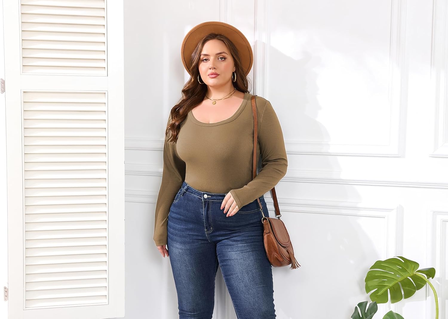 Women's Plus Size Long Sleeve Scoop Neck Ribbed Knit T Shirt Casual Fitted Tops - Image 6