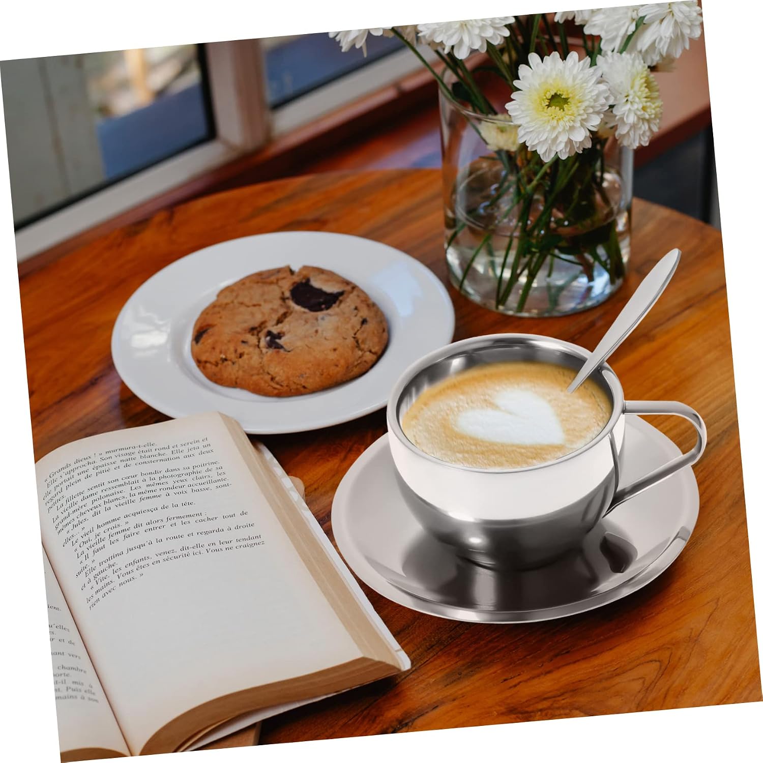 2sets Stainless Cup European Style Tea Mugs with Saucer Spoon Double Insulated Drinkware for Home Office Parties Decorative Mug