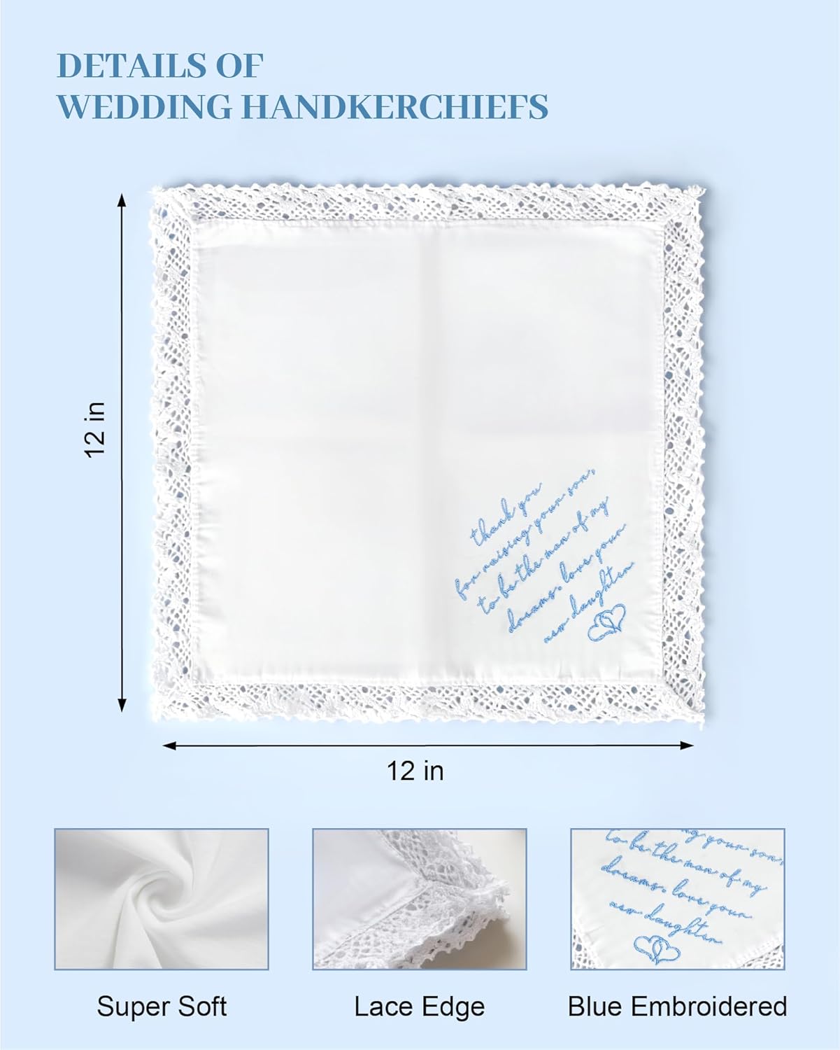 Something Blue Wedding Gift Handkerchief for Bride – Embroidered Lace Trimmed Keepsake for Happy Tears - Image 3