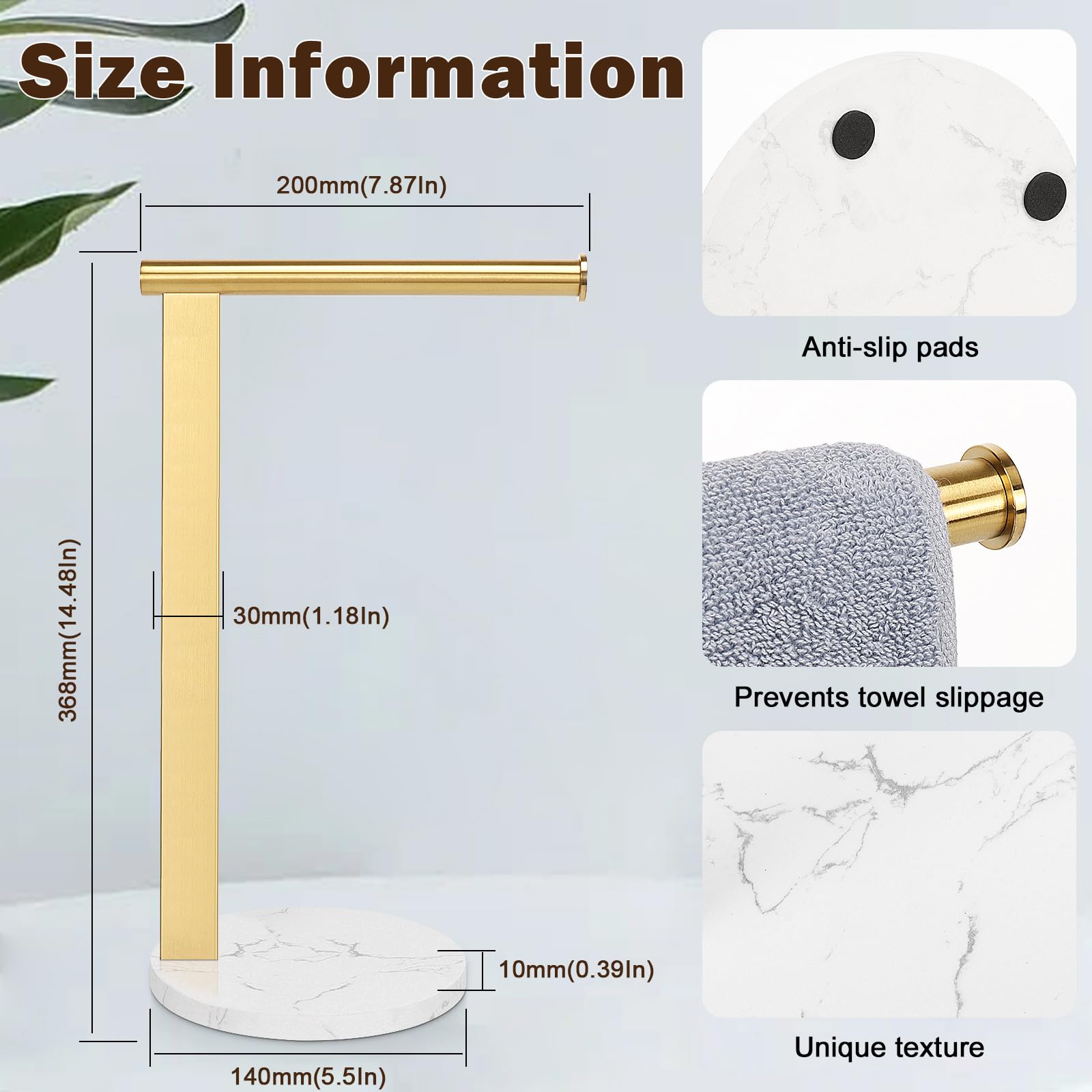 Toallero para toallas de mano para baño, toallero de pie en forma de L, organizador de encimera de tocador o cocina, material de acero inoxidable SUS304, base de mármol, dorado