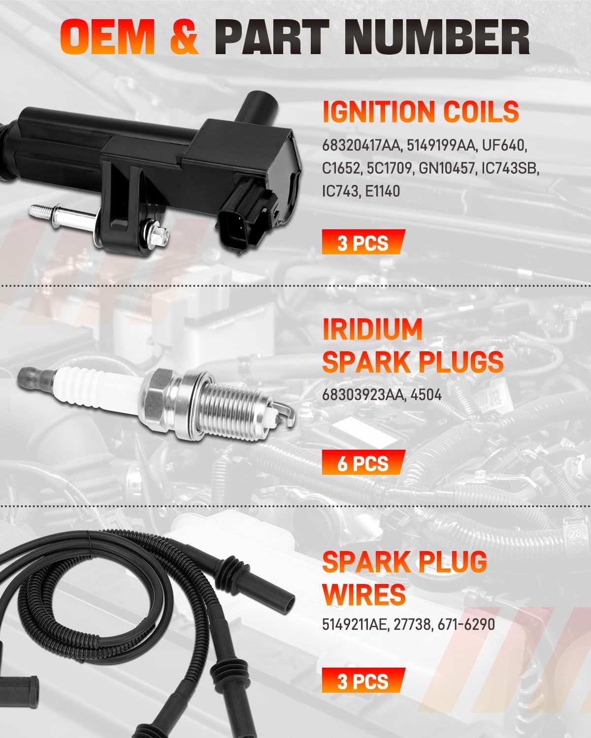 UF640 3PCS Ignition Coils & 6PCS Iridium Spark Plugs & 3PCS Spark Plug Wires Set Compatible with Dodge Ram 1500 Dakota Durango Nitro, Jeep Commander Grand Cherokee Liberty 3.7L, Replaces # 5149199AA