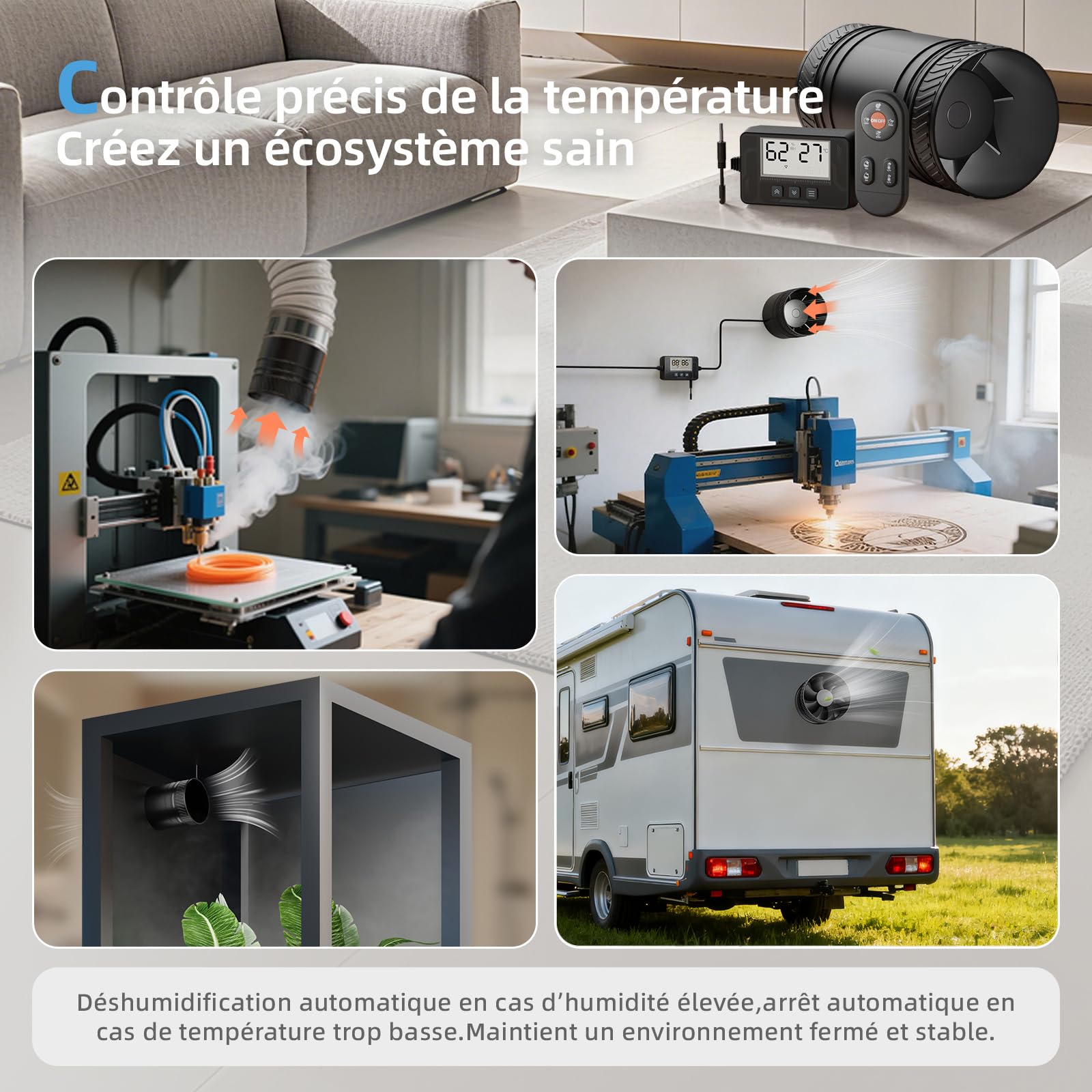 MOCINE Ventilateur en ligne 100 mm silencieux avec capteur de température et d’humidité, télécommande 433 MHz, 6 vitesses et minuterie, pour camping-car, salle de bain et ventilation domestique