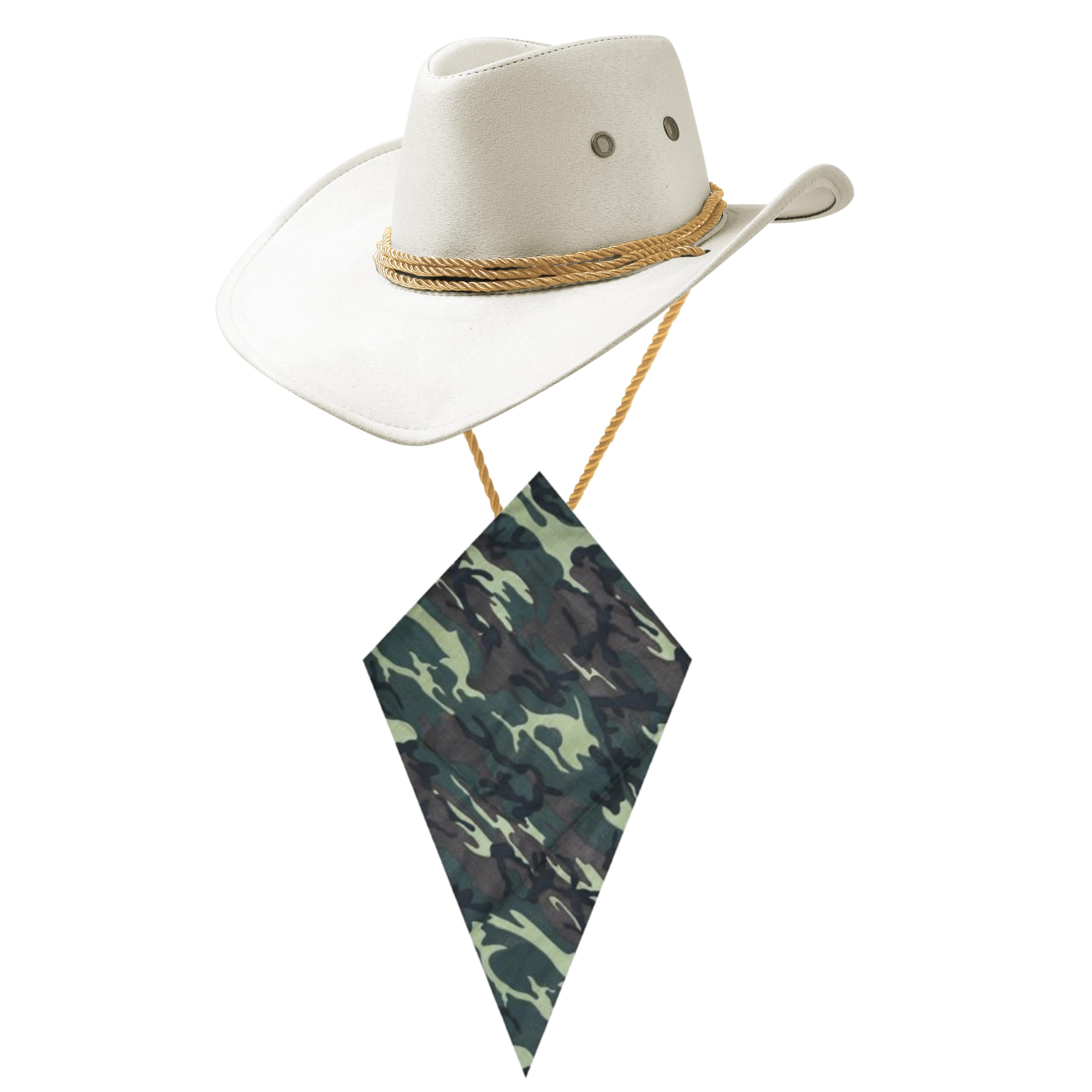 Komonee White Cowboy Hat and Camo Bandana Western Sun Cap Faux Felt Leather Suede Fancy Dress Party Costume Outfit Neckscarf Protection Mens Womens โ image 1