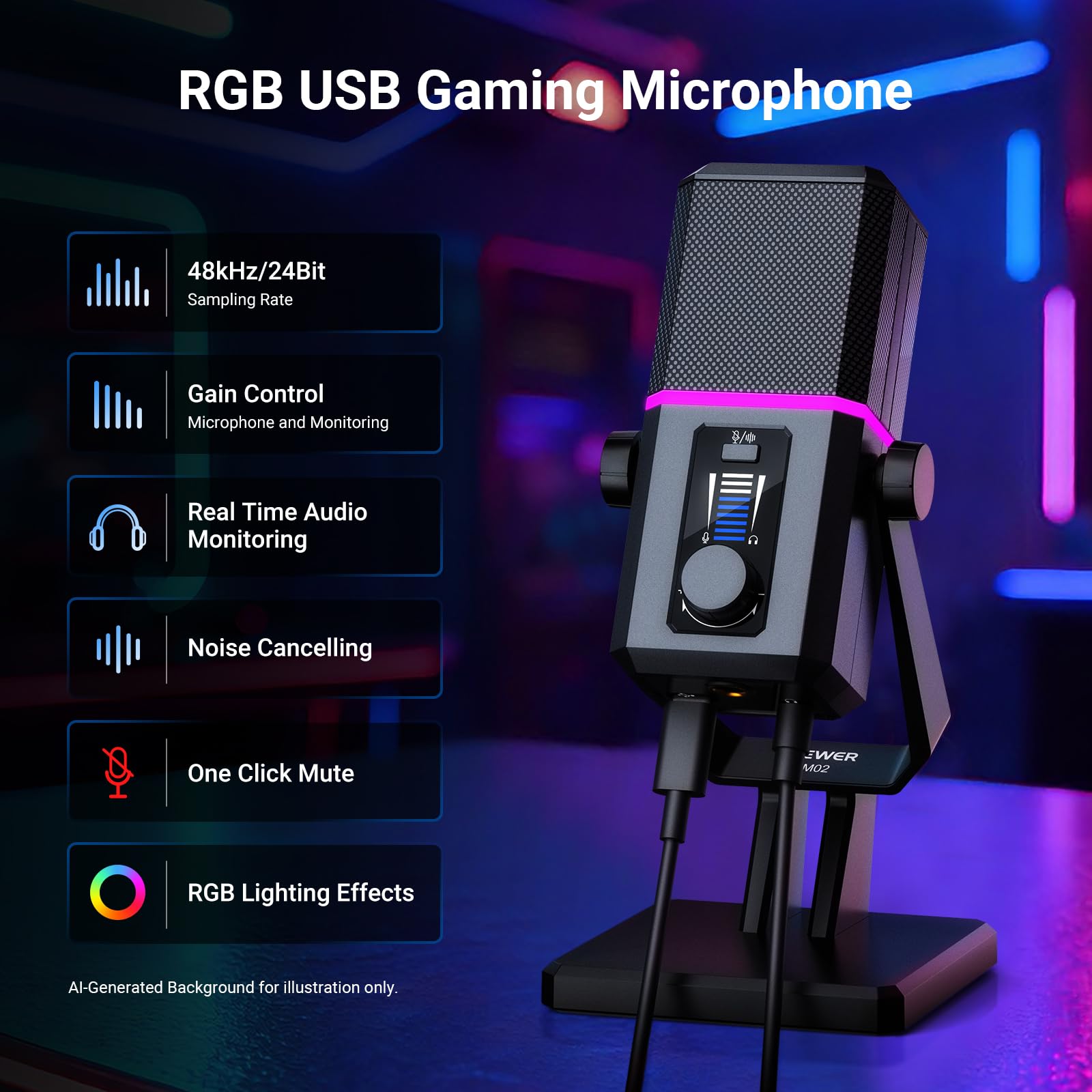NEEWER UM02 Mikrofon RGB USB do strumieniowego przesyłania podcastów, kardioidalny pojemnościowy mikrofon biurkowy z redukcją szumów do monitorowania słuchawek, kompatybilny z iPhone iPad Mac PC