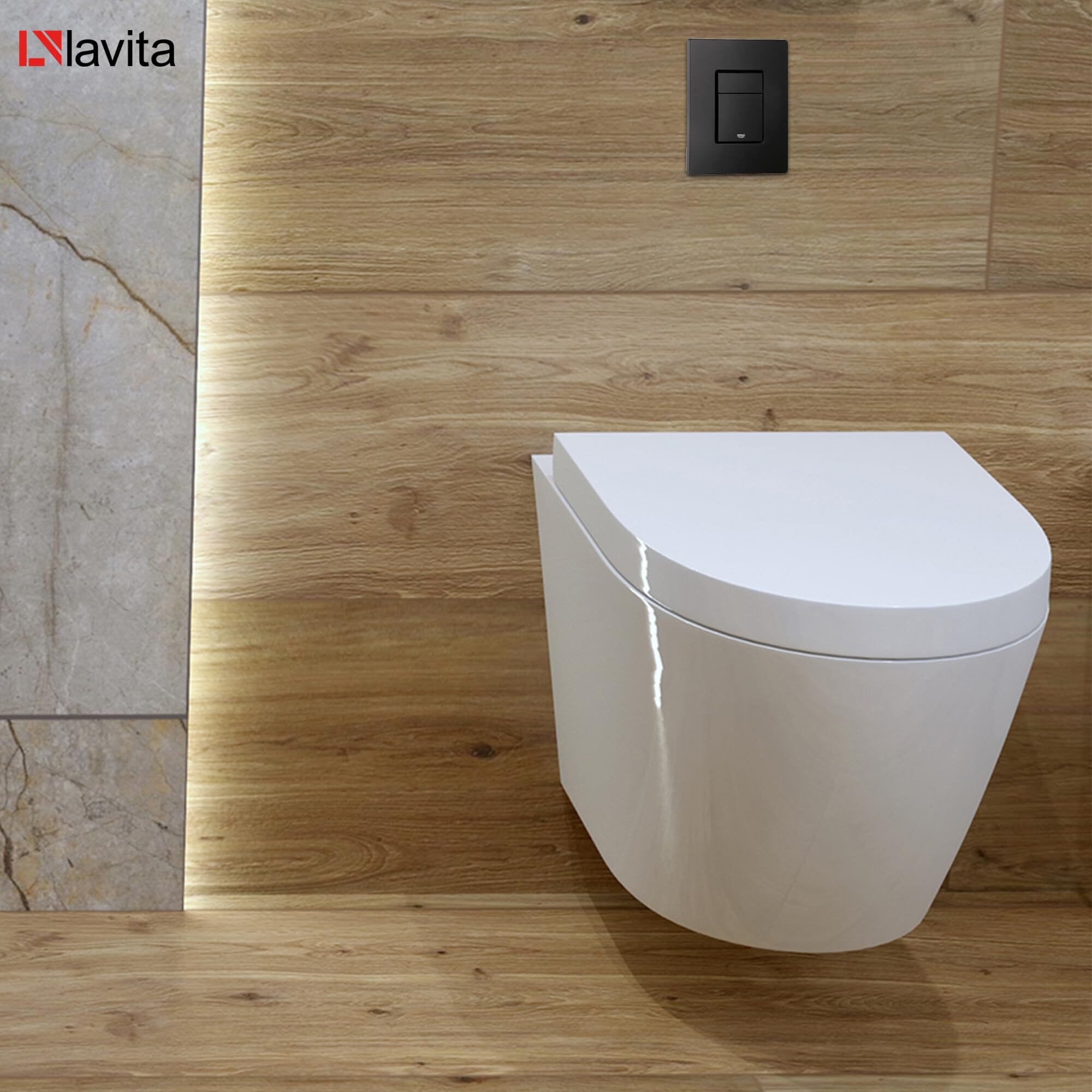 Lavita Vorwandelement Solido + Wand Hänge WC Sofi Weiß Spülrandlos + WC Sitz mit Absenkautomatik Schwarzer Knopf Komplettset Unterputz Spülkasten Toilette Komplett Sett WC