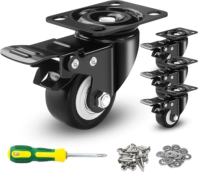 Caster Wheels Set of 4, 50mm Swivel Trolley, Heavy Duty Castor Wheels with 4 Brakes, Castors for Furniture with Locking, No Floor Marks and No Noise PU Wheel, Up to 240KG (Screws+Washers)
