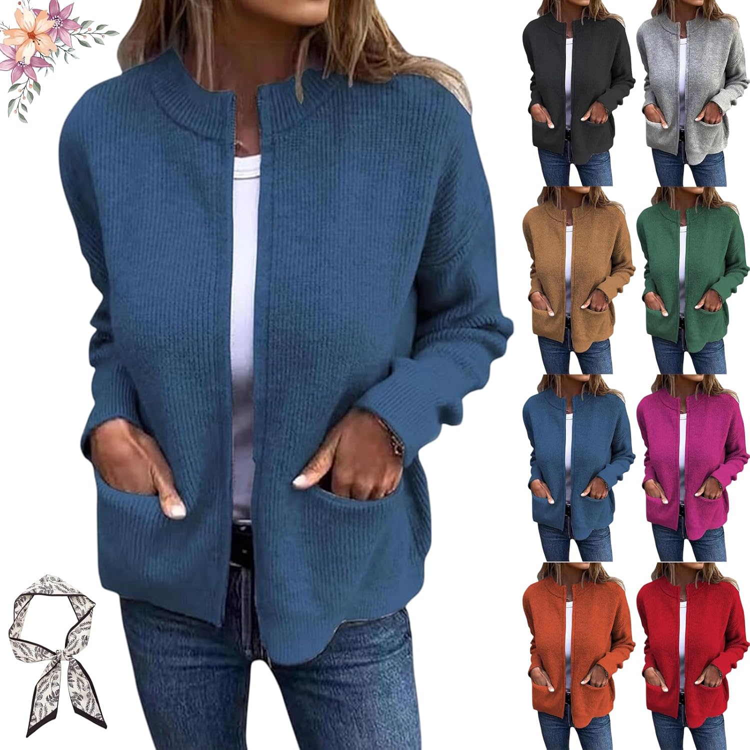 RJDJ Womens Round Neck Zipper Knitted Jacket Casual Cozy Cropped Knit Chunky Zipper Up Cardigan Sweaters with Pockets