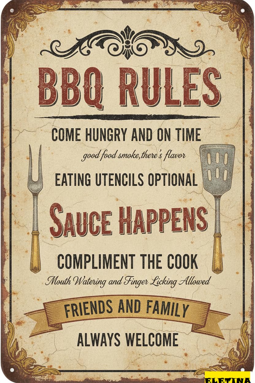 Tin Sign for Man Cave Vintage Bbq Rules - 8x12 Inches Decorative Outdoor Use, Perfect Home, Patio, Porch, Backyard, And Garden Decor Private Property