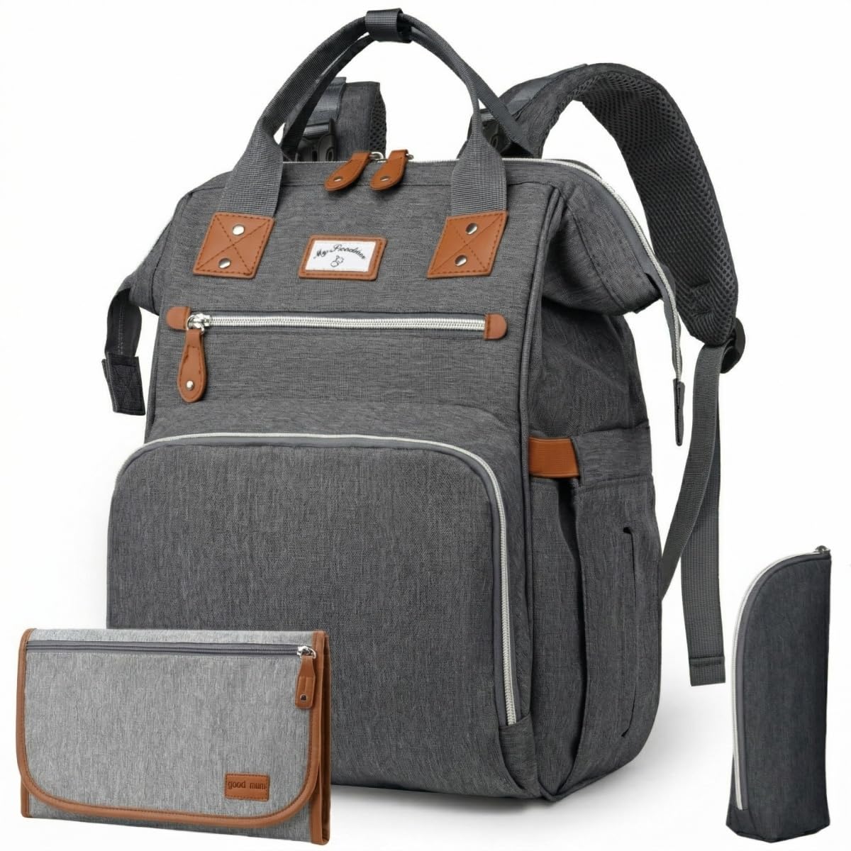 Wickelrucksack Groß inkl Wickelunterlage & Kühltasche, Modische Wickeltasche mit viel Stauraum, Wasserabweisender Wickelrucksack groß für Baby Reisen & Alltag, Kinderwagenbefestigung - Dunkelgrau