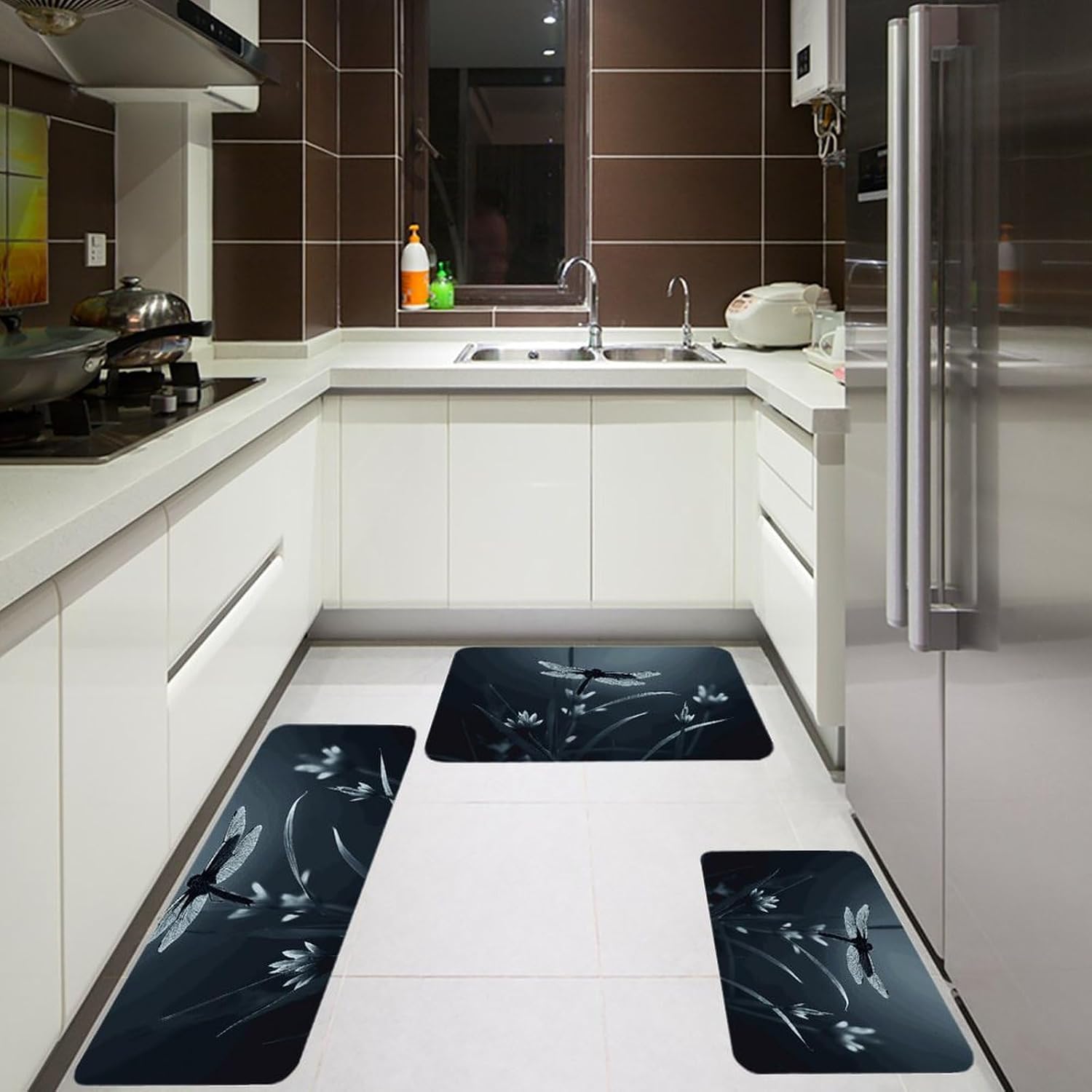 Dragonfly Silhouette Kitchen Mats for Floor 3 Pcs Kitchen Rugs
