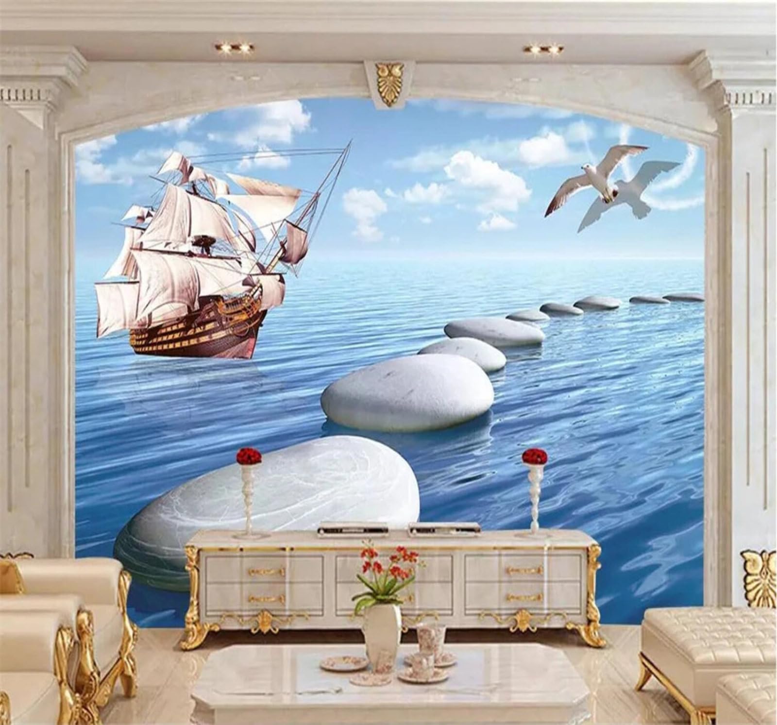 Xlming 430Cm×300Cm(B×H) Seashore Rocks The Sea A Sailing Boat Seagulls Blue Sky Scenery 3D Wallpaper Luxury Silk Study Dining Feature Sofa Grey Bedroom Living Room Tv Decorative Wall-430Cm×300Cm