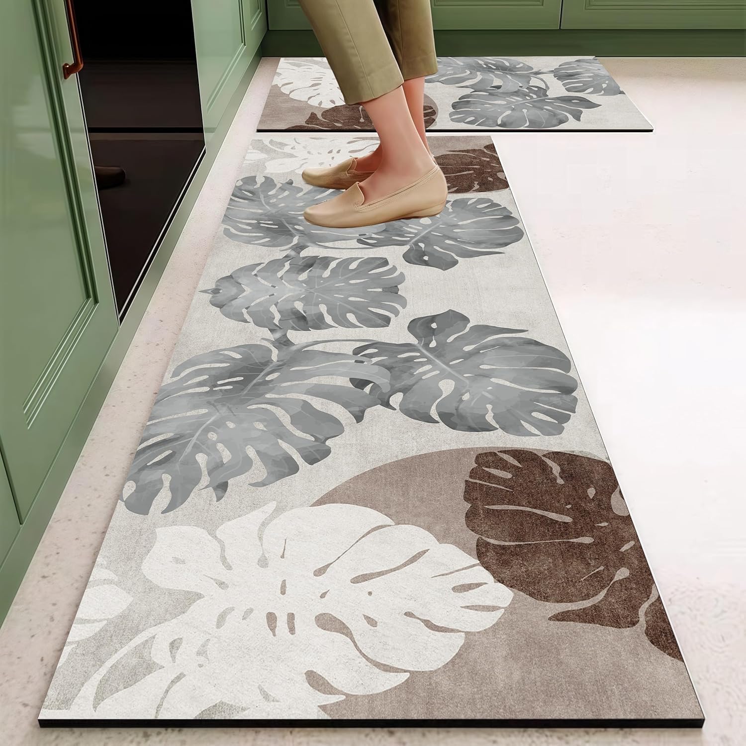 Art Themed Kitchen Mats and Rug Set Kitchen Floor Mat Anti Skid Washable Micro Polyester Luxury Kitchen Floor Door Mat Runner, Combo Set of 2 Pcs (Leaf MAT) — Amazon image 7