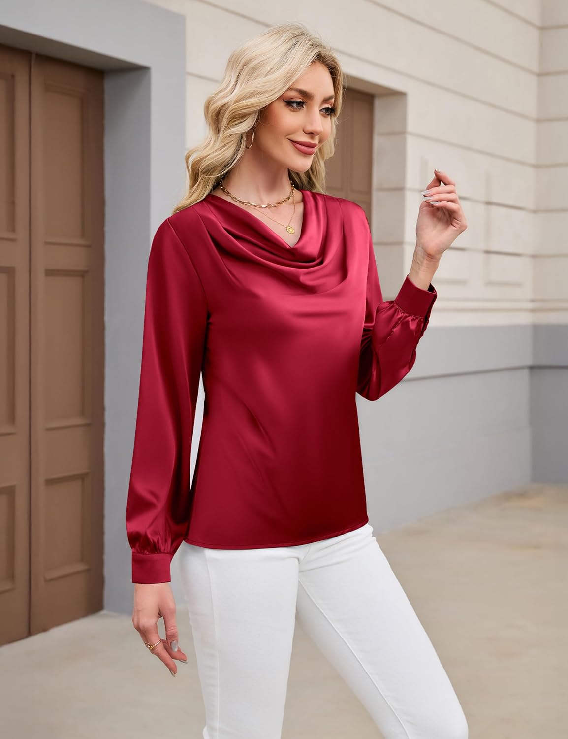 Blooming Jelly Womens Satin Blouse Cowl Neck Draped Silky Long Sleeve Dressy Tops Fall Trendy Fashion Business Casual Outfit - Image 3