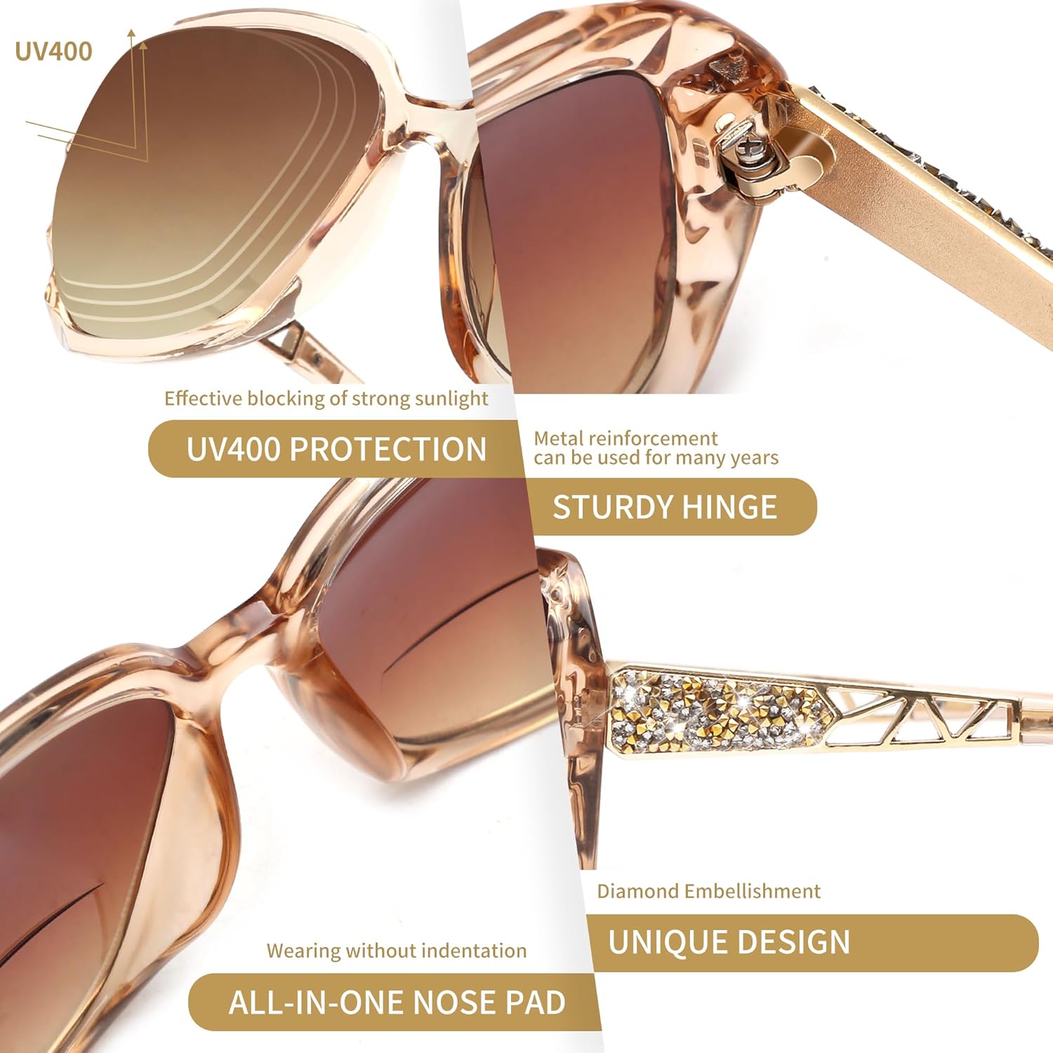 JM Bifocal Reading Sunglasses for Women Fashion Oversized Square Sun Readers Outdoor Reading Glasses UV400 Protection Brown +2.0 - Image 5